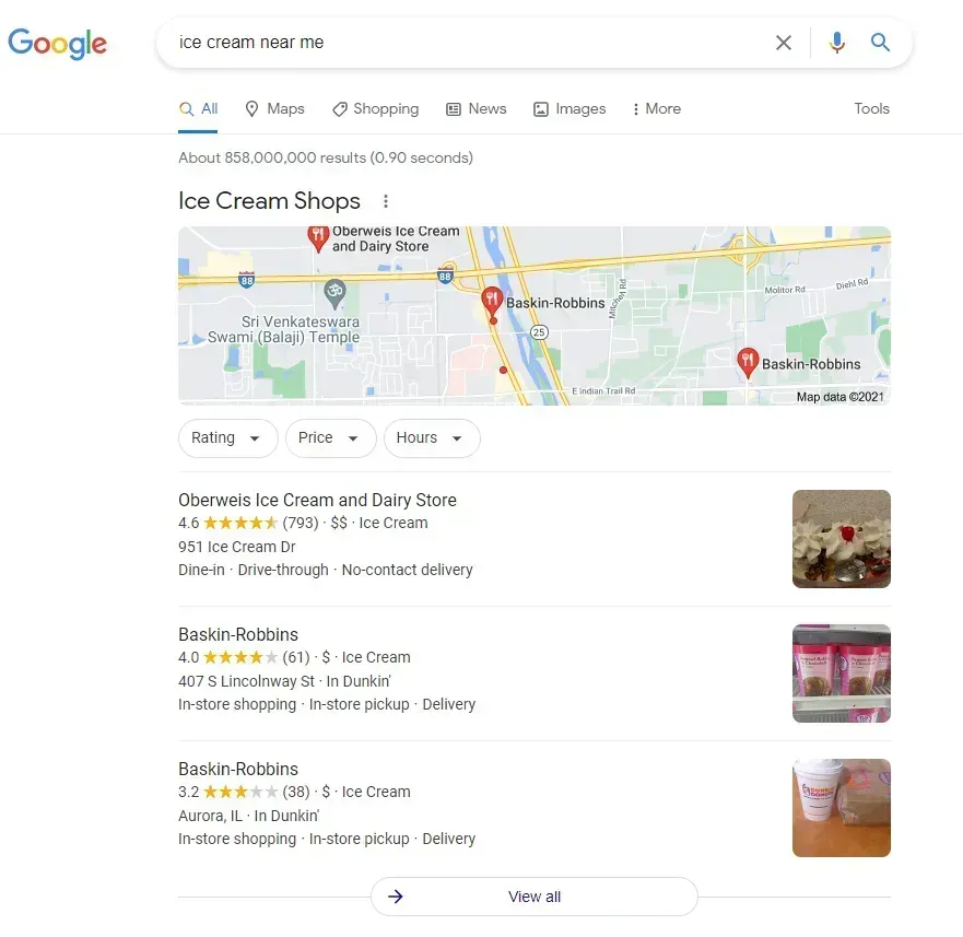 Google search results for “ice cream near me” showing nearby ice cream shops on a map.