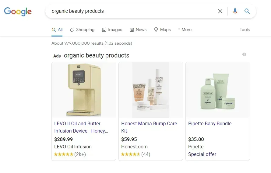 Google search results for organic beauty products with product listings and prices along the page