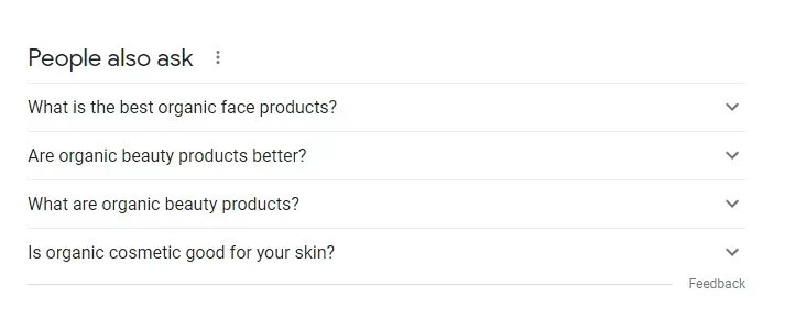 Google search “People also ask” section with organic products and cosmetics questions