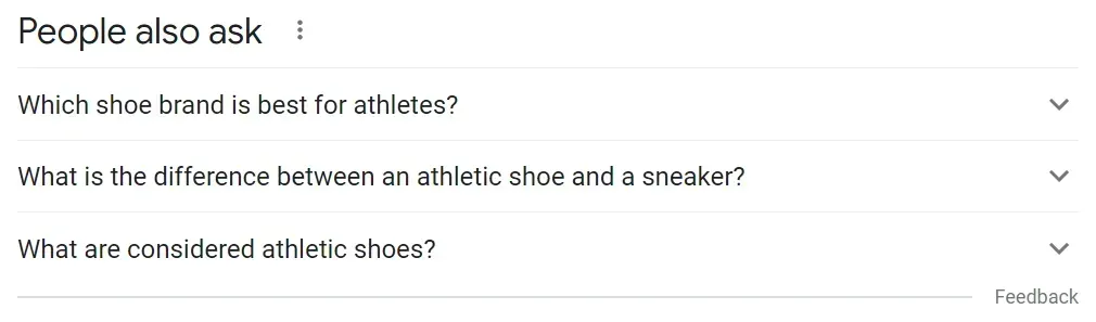 Google search “People also ask” section showing three expandable questions about athletic shoes and sneakers.