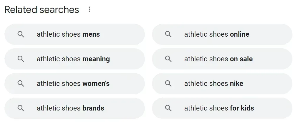 Related searches for athletic shoes in a search results panel, with white rounded suggestion chips on a light background