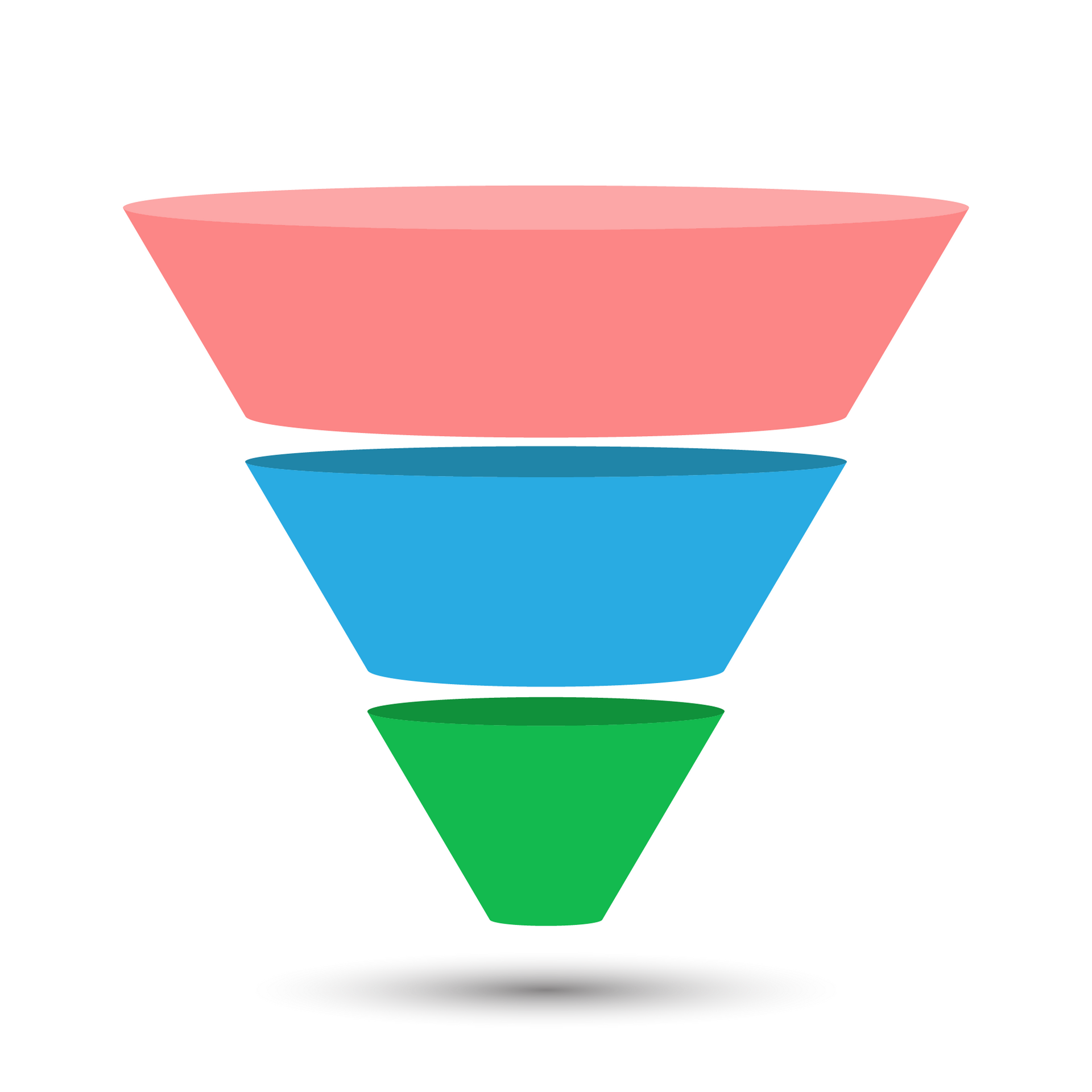 Three stacked funnel-like shapes in pink, blue, and green on a white background