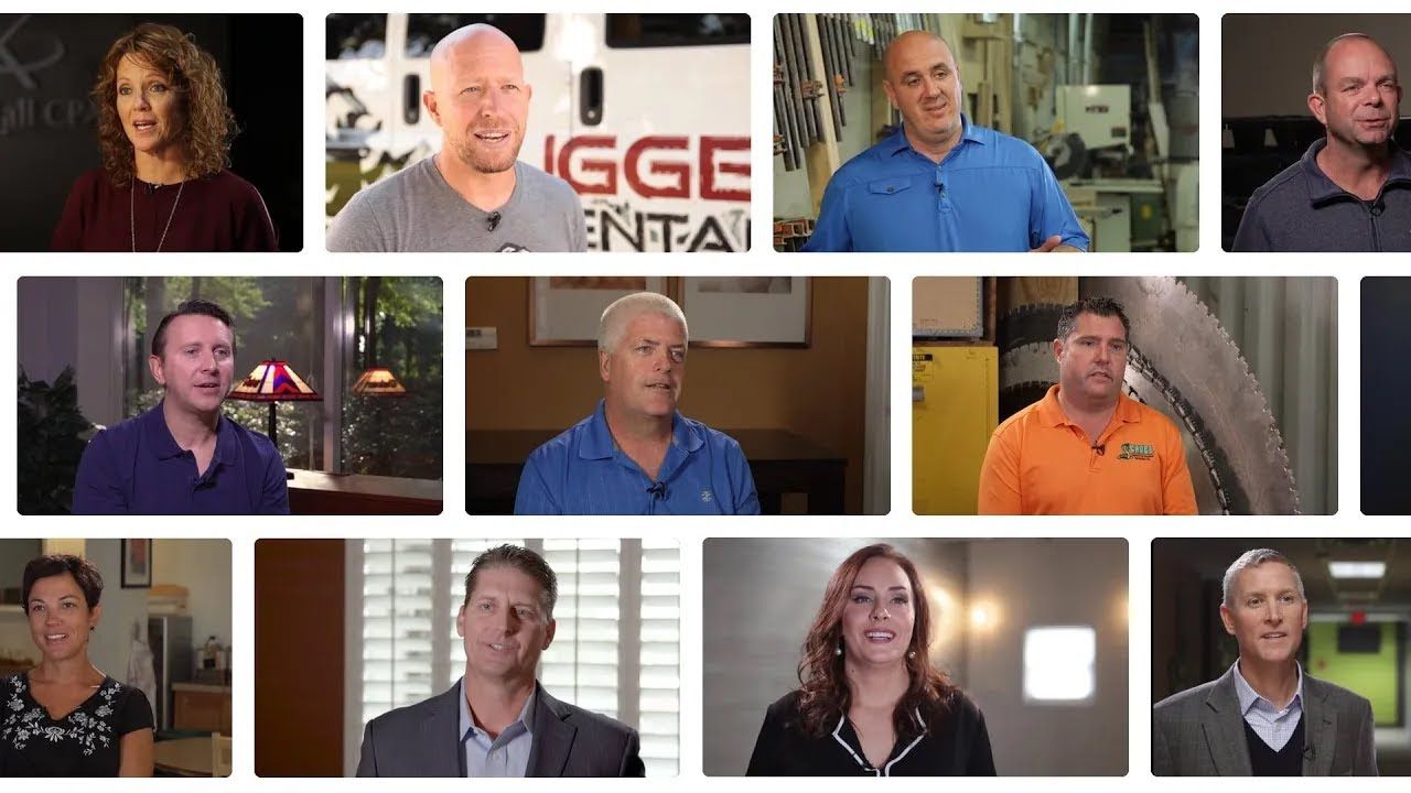 Collage of ten people in interview-style portraits in front of studio and indoor backgrounds
