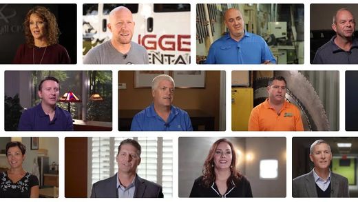 Collage of ten people in interview-style portraits in front of studio and indoor backgrounds