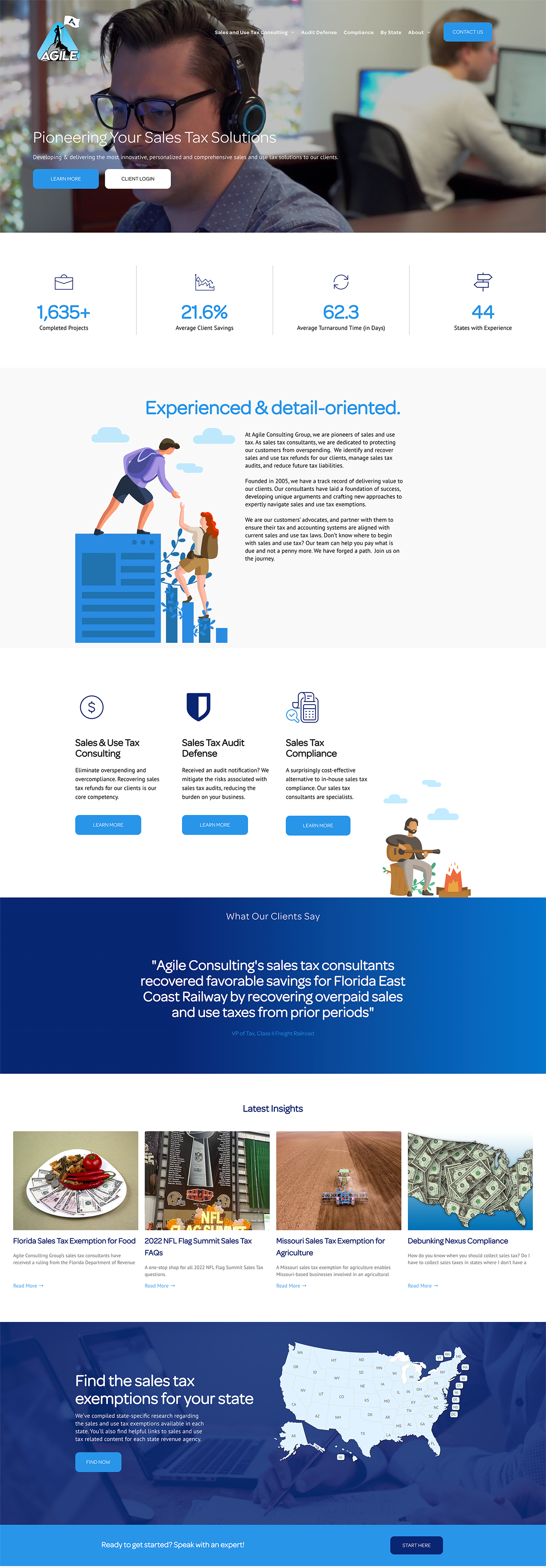 Website homepage with blue medical branding, a doctor in a headset, service icons, testimonials, and a U.S. map