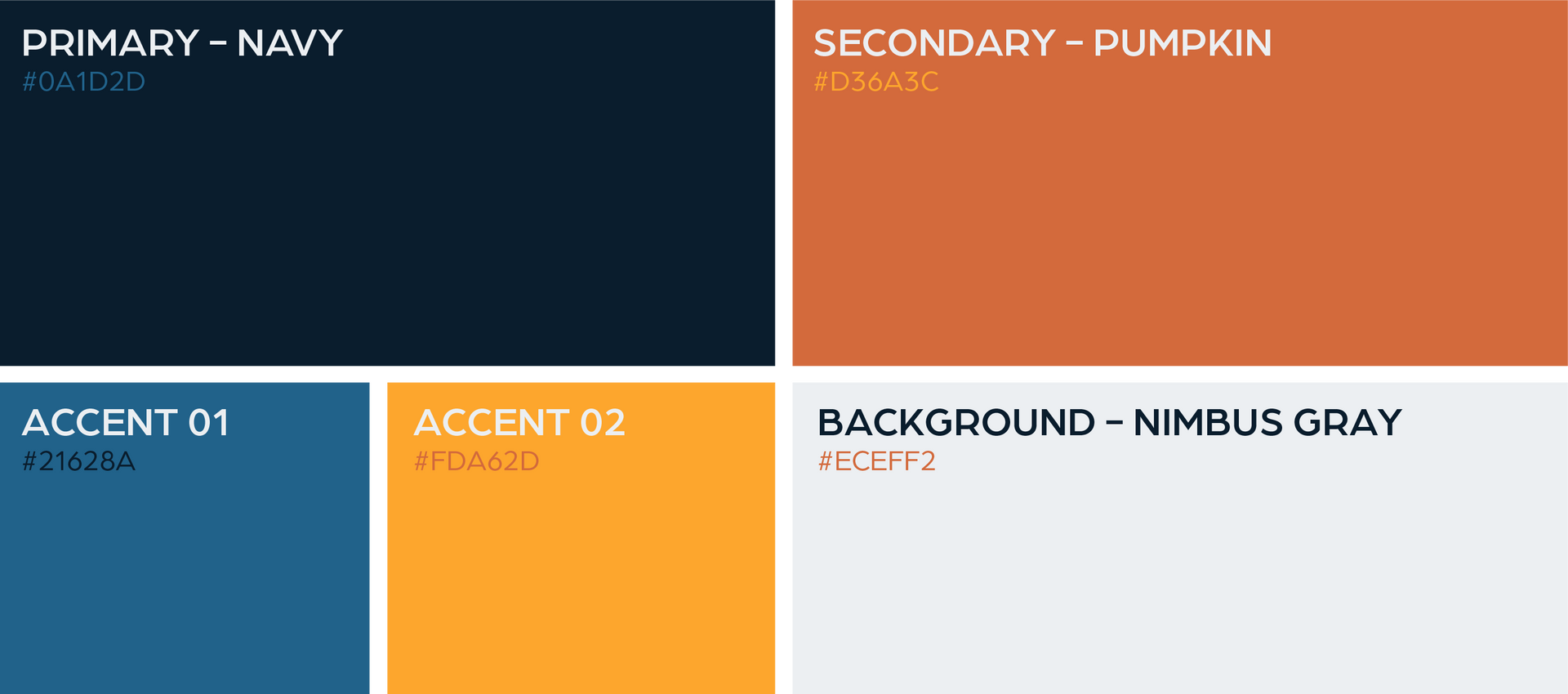 Color palette swatches labeled Primary Navy, Secondary Pumpkin, Accent C1, Accent C2, and Background Nimbus Gray