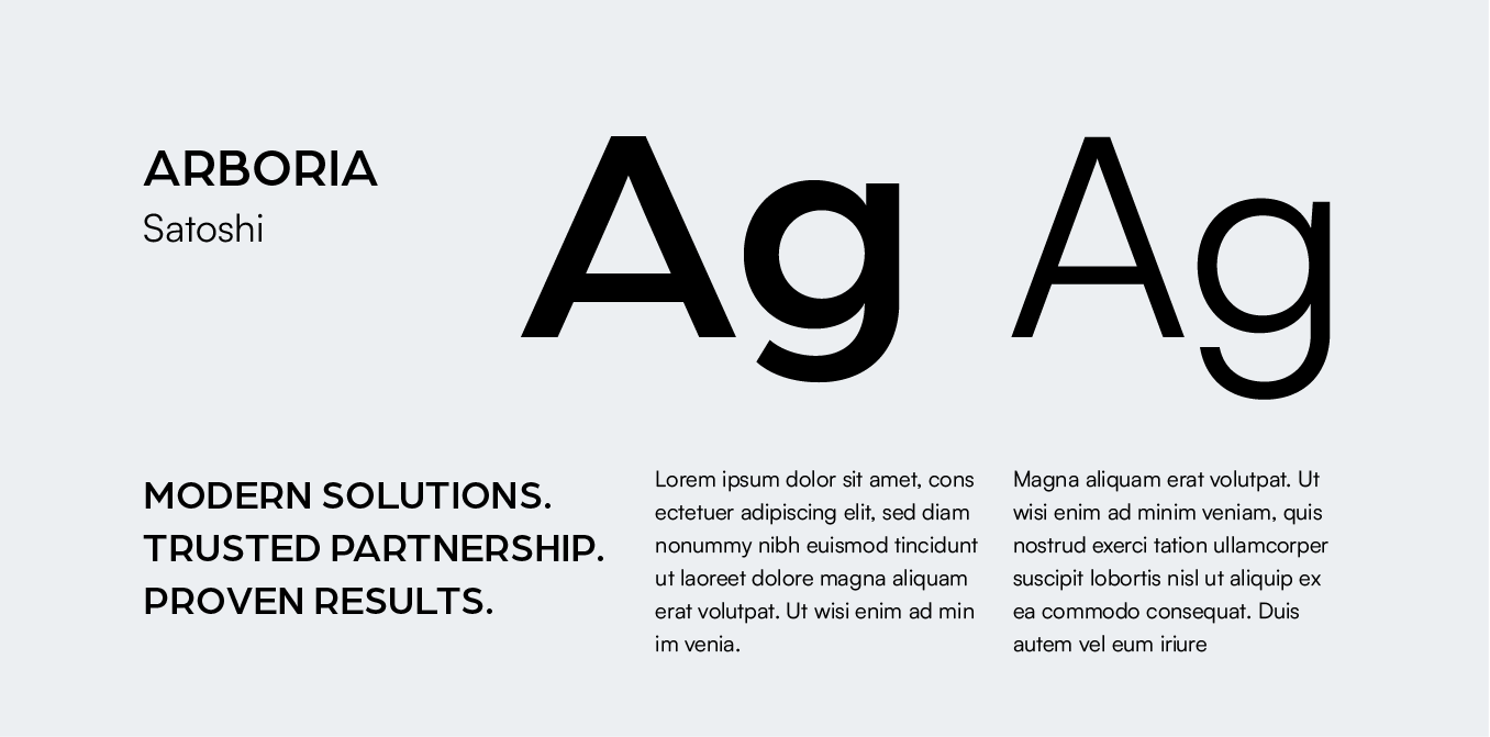 Minimalist black-and-white ARBORIA studio branding layout with large “Ag” typography and small text blocks