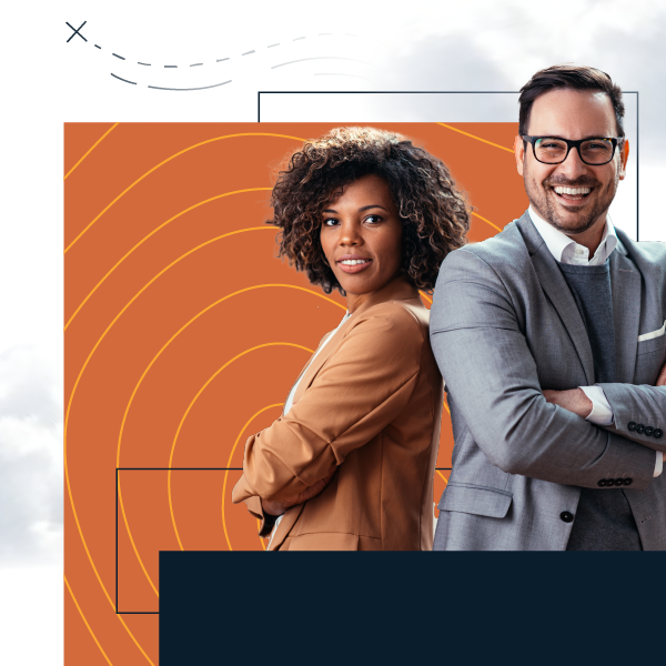 Two professionals standing back to back over an orange and navy geometric background