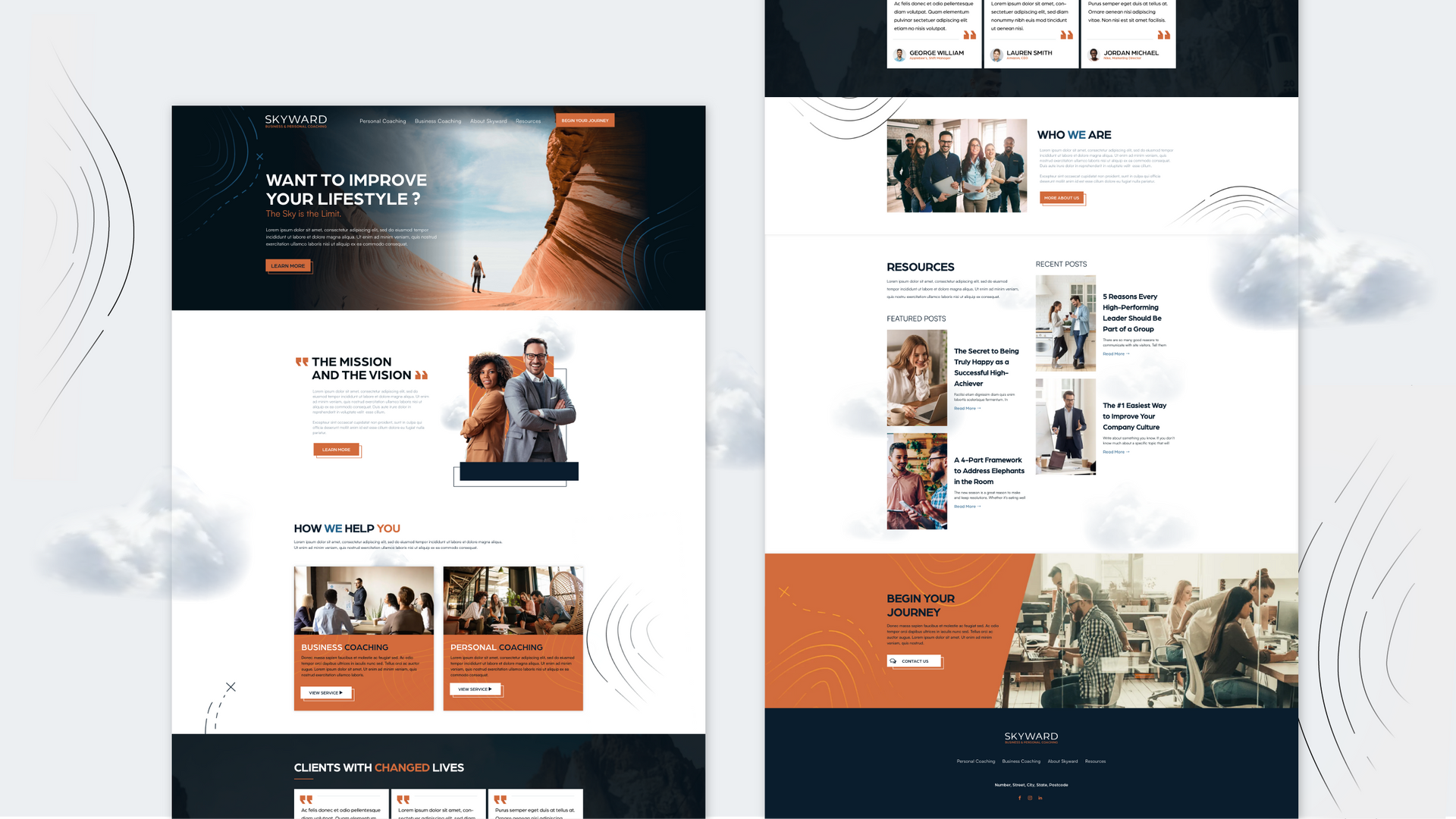 Two-page website layout mockup with orange and navy sections, photos, and text blocks