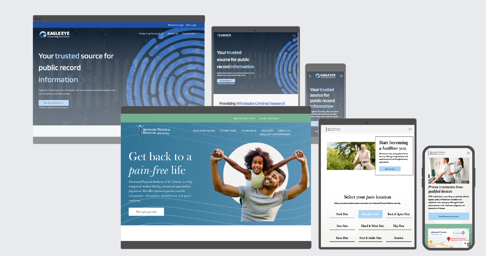Collage of responsive website mockups on desktop, tablet, and phone screens with blue-themed designs