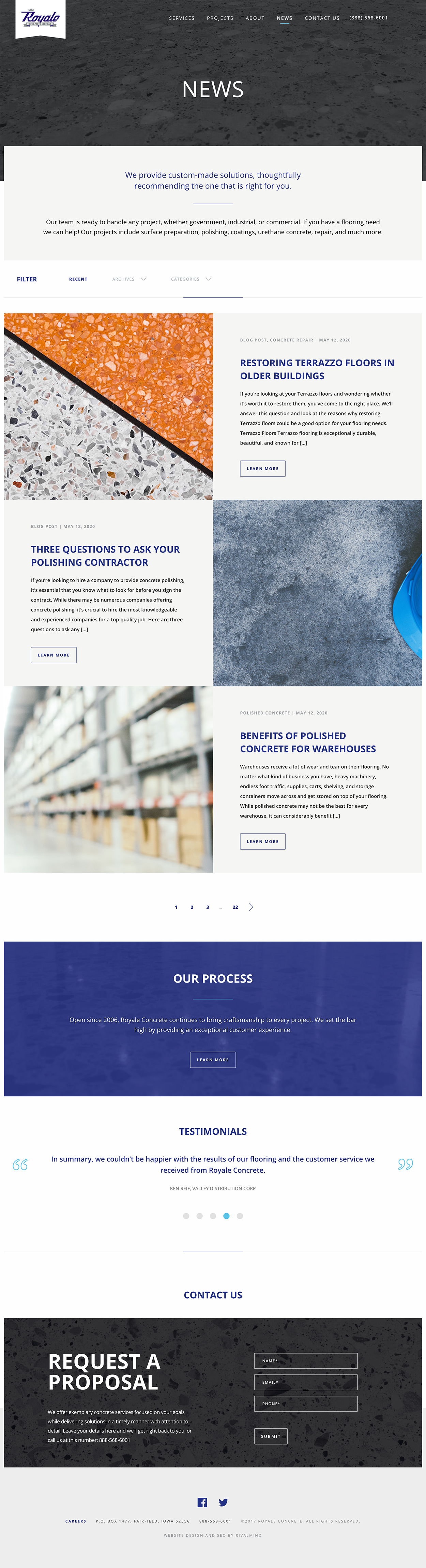 Collage of website screenshots showing orange and blue content blocks, text sections, and a dark footer banner.