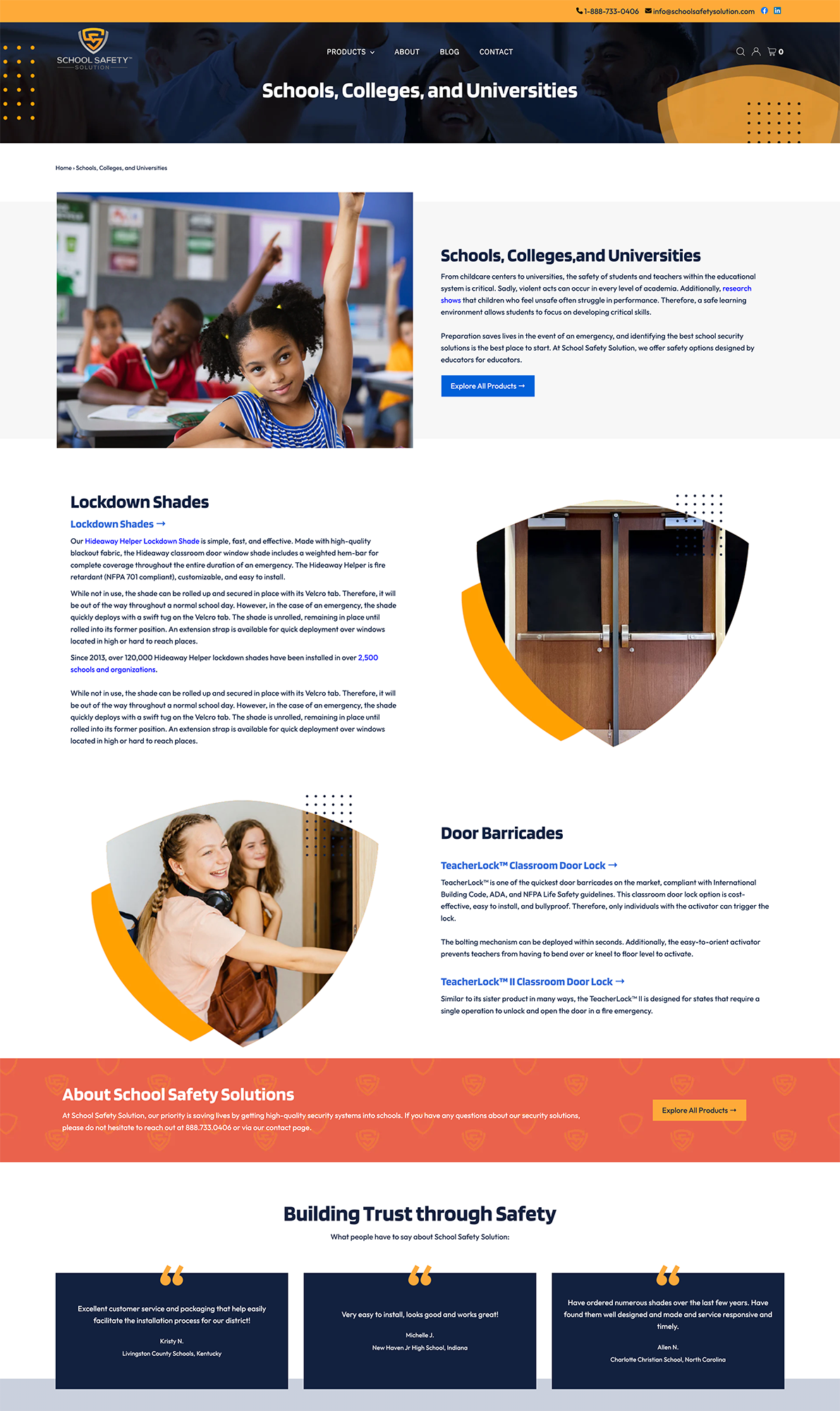 School website homepage with classroom photo, circular images, and a red call-to-action banner