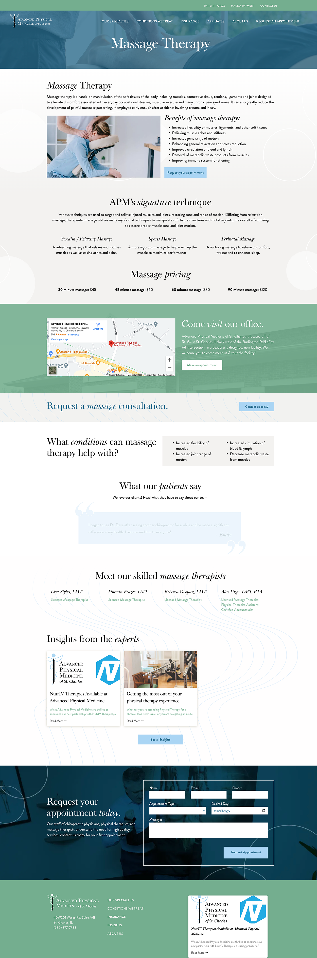 Website screenshot with teal header, central content sections, and a form/footer area.