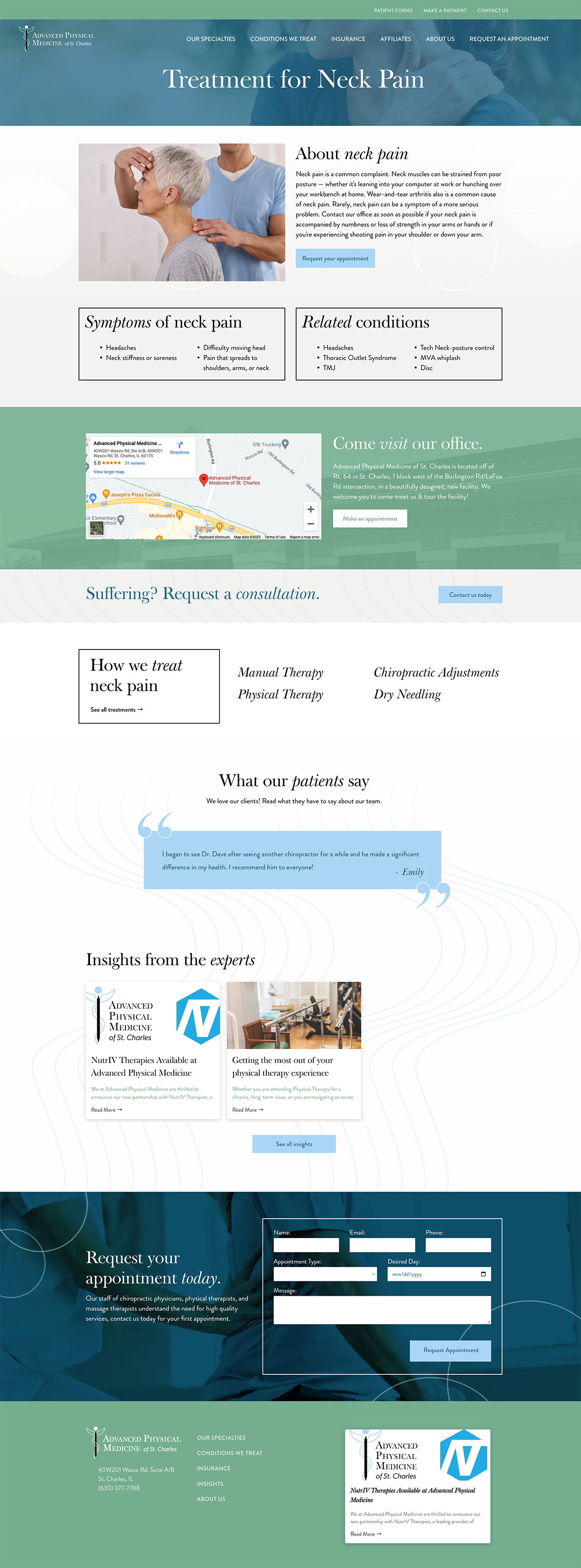 A collage of website screenshots with teal and white sections, showing forms, banners, and a medical-themed header.