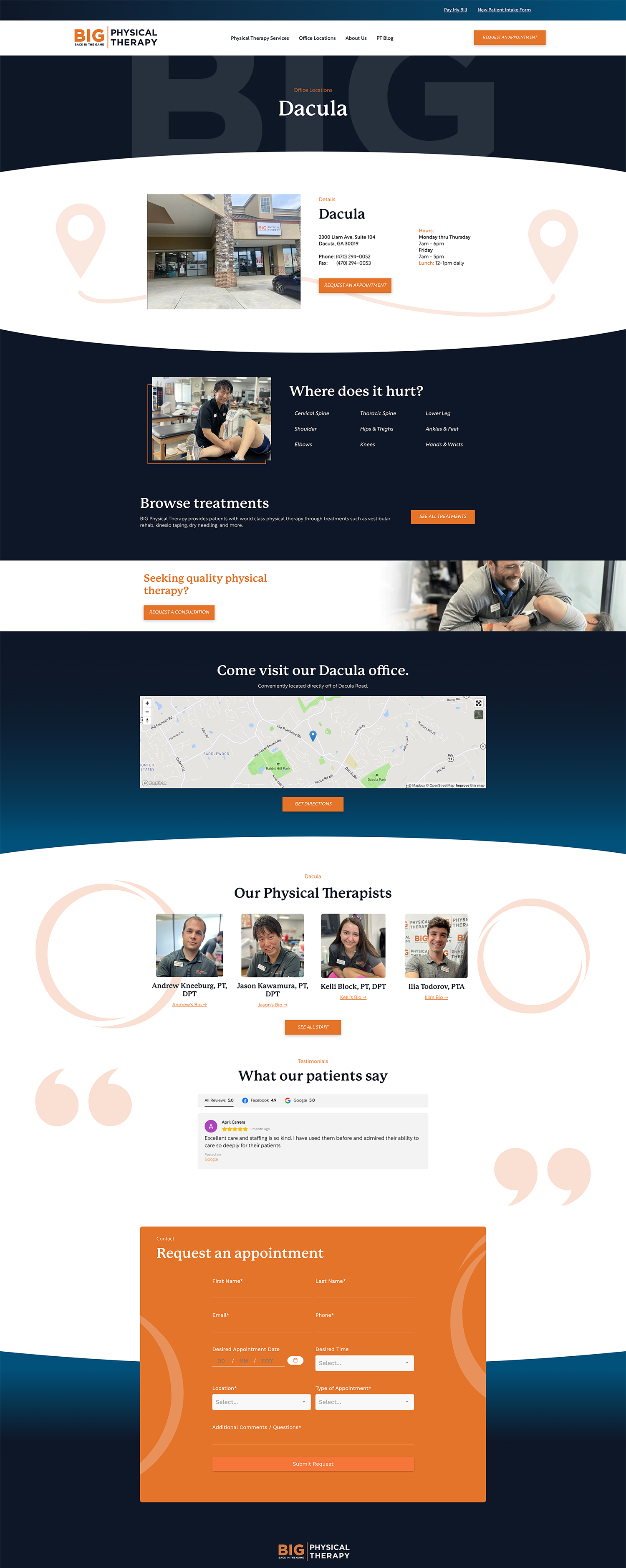Tall mobile webpage mockup with dark and white sections, cards, a map, and an orange contact form near the bottom