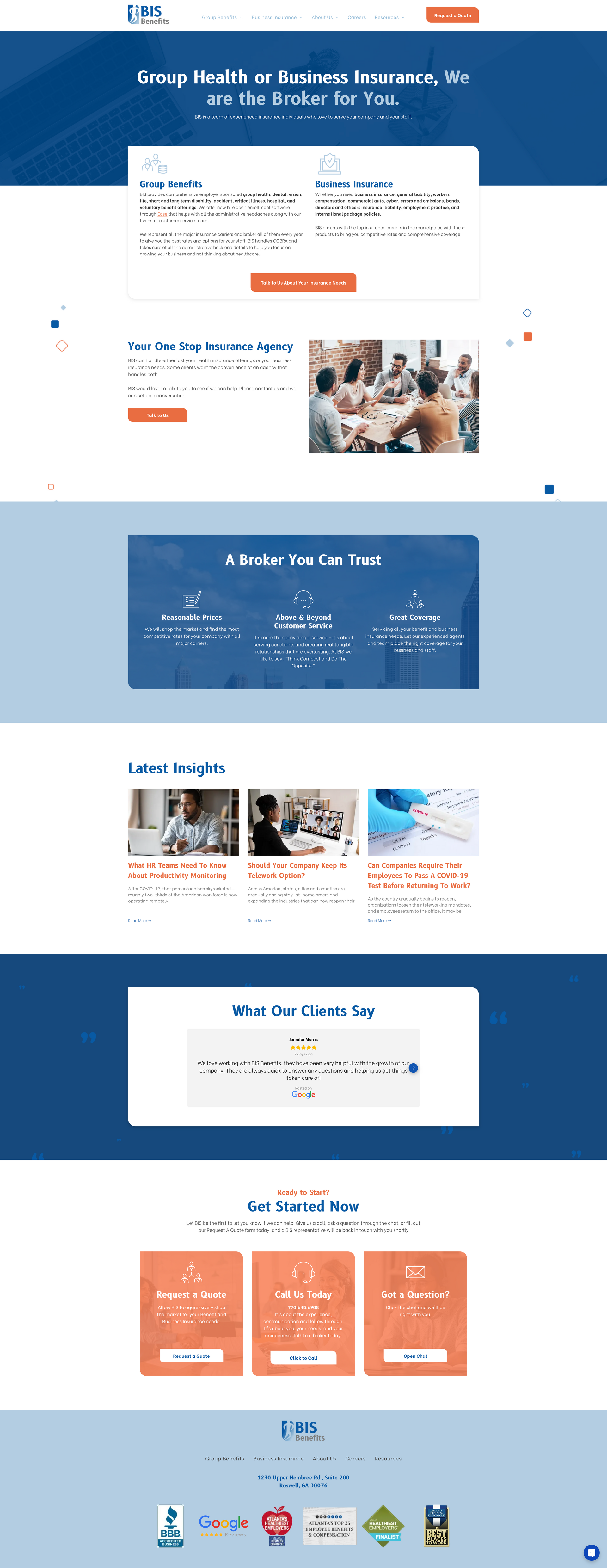 Blue-and-white webpage screenshot with several content sections, cards, and a central photo collage.