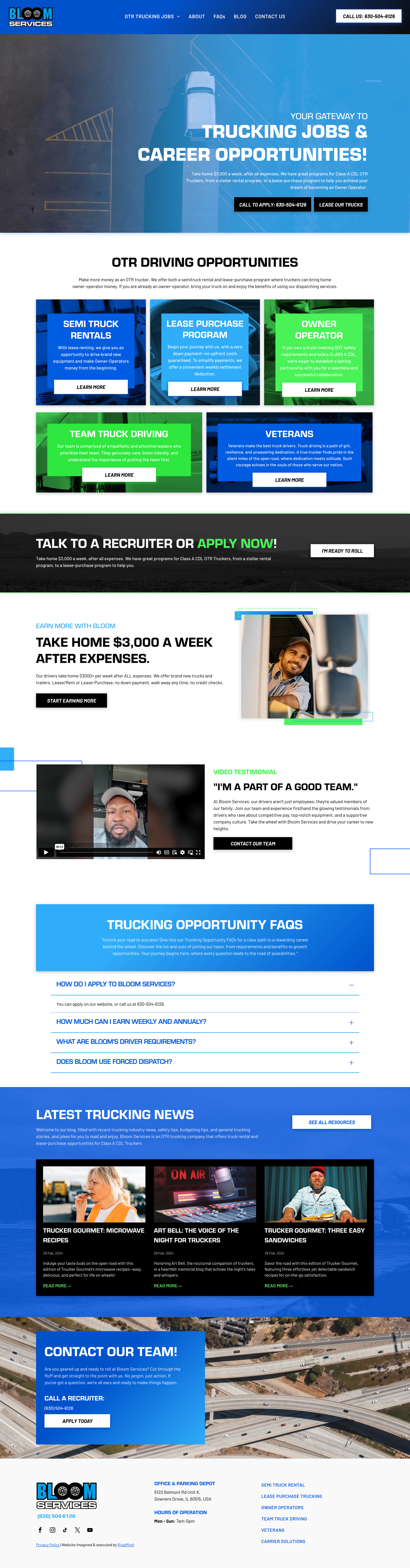A blue and white website homepage with promotional banners, video thumbnails, and product tiles in a grid.