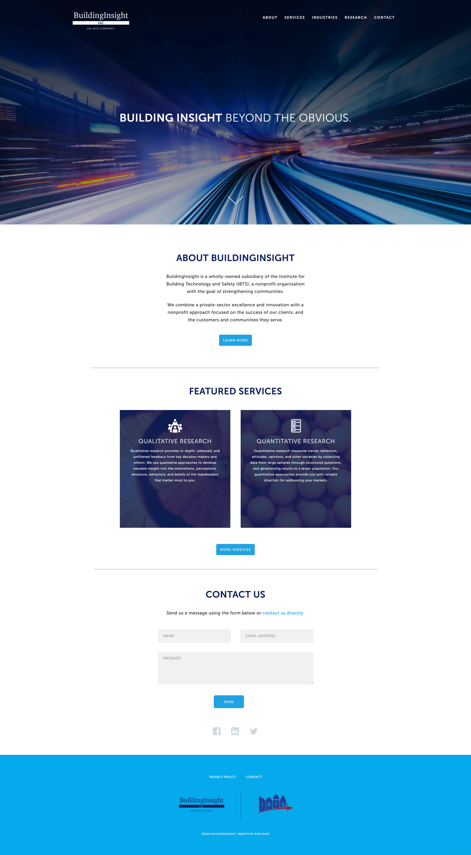 Homepage with a blue motion-blur header, centered text, map cards, and a contact form on a white background
