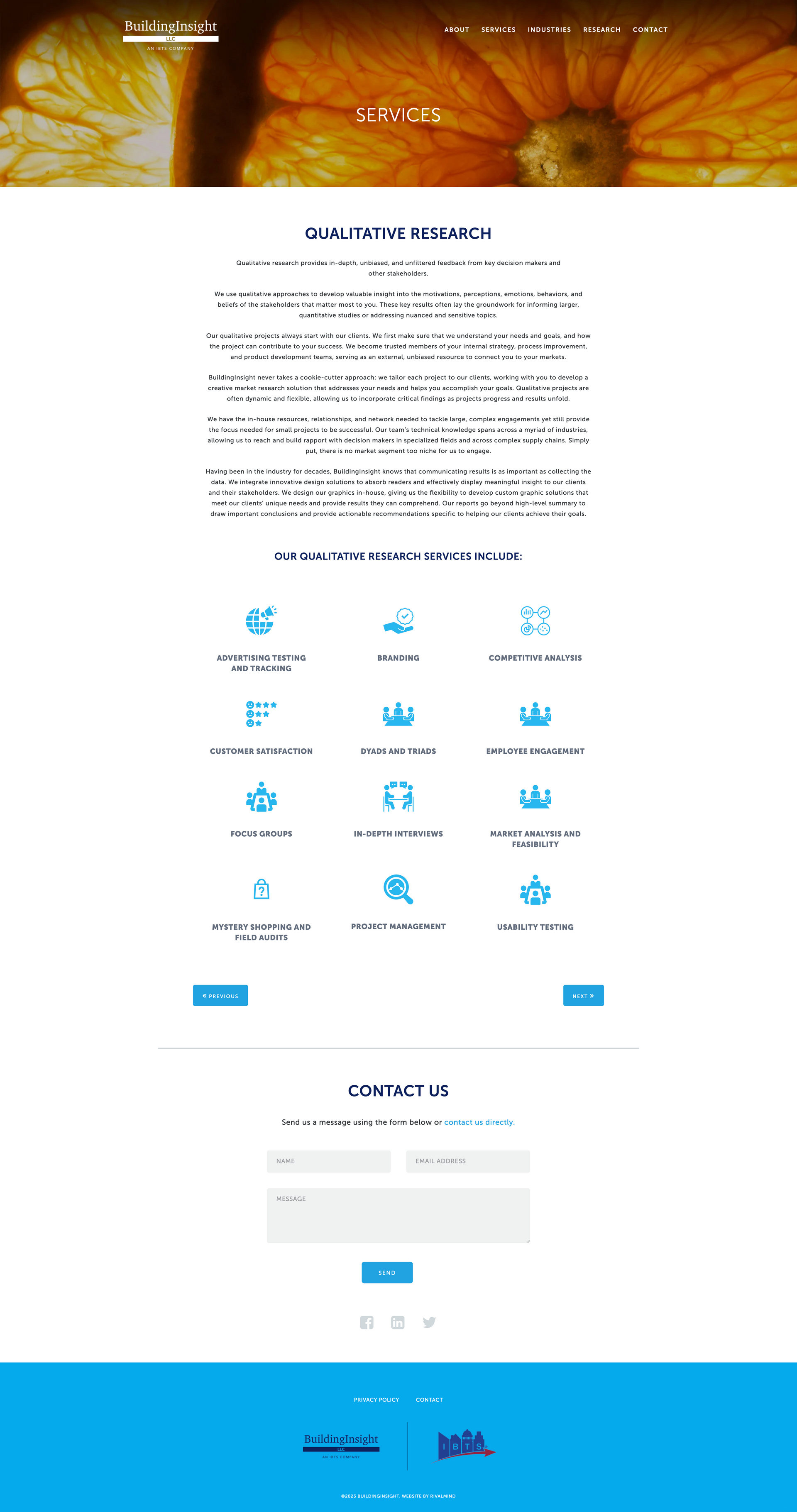 Website landing page with orange leaf header, centered text, service icons, and a contact form above a blue footer