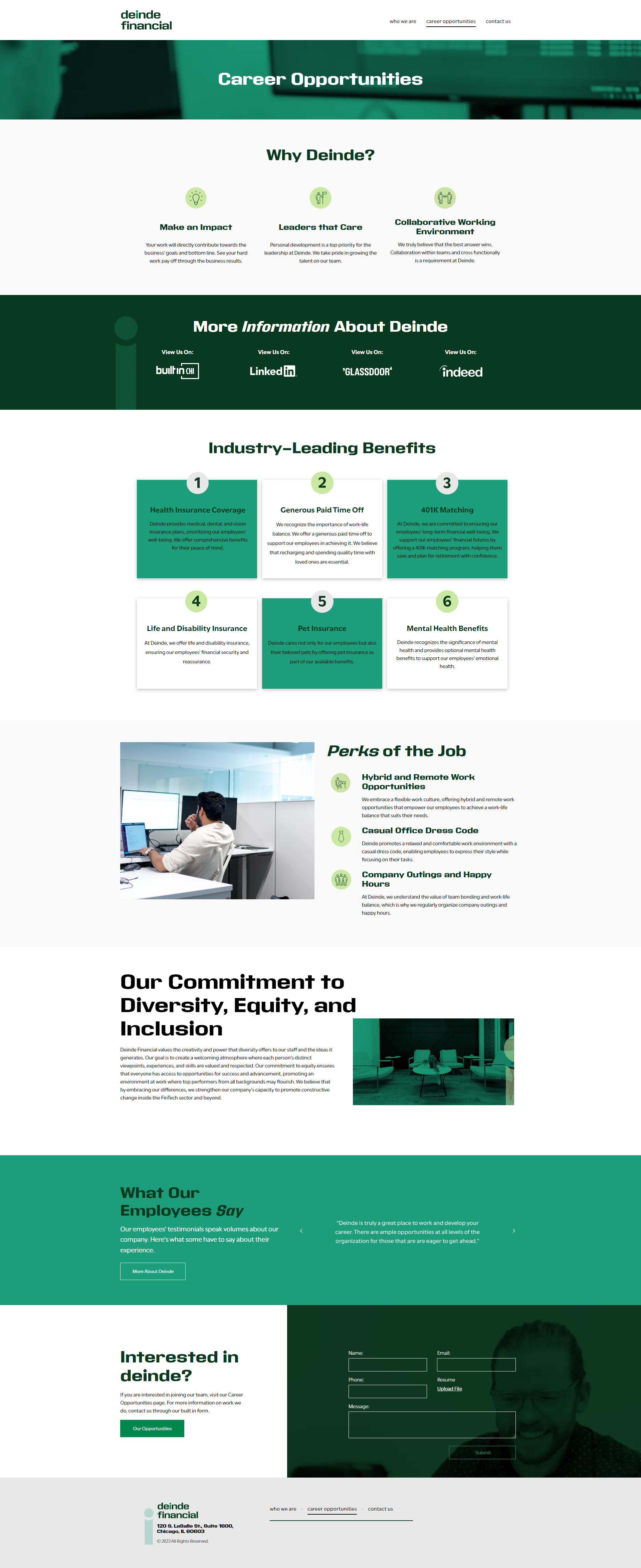 Green-and-white corporate website homepage with service sections, charts, and a contact form