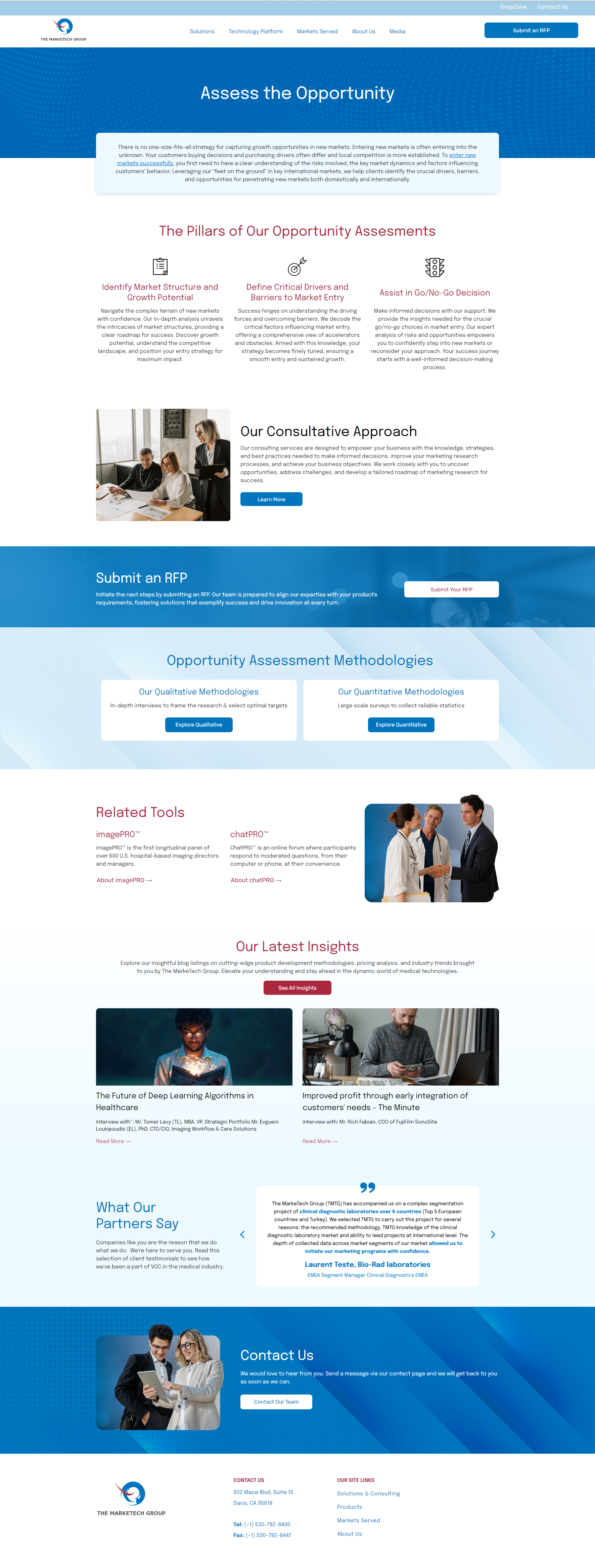 Blue-and-white webpage screenshot with multiple sections, small photos, and cards across the page.