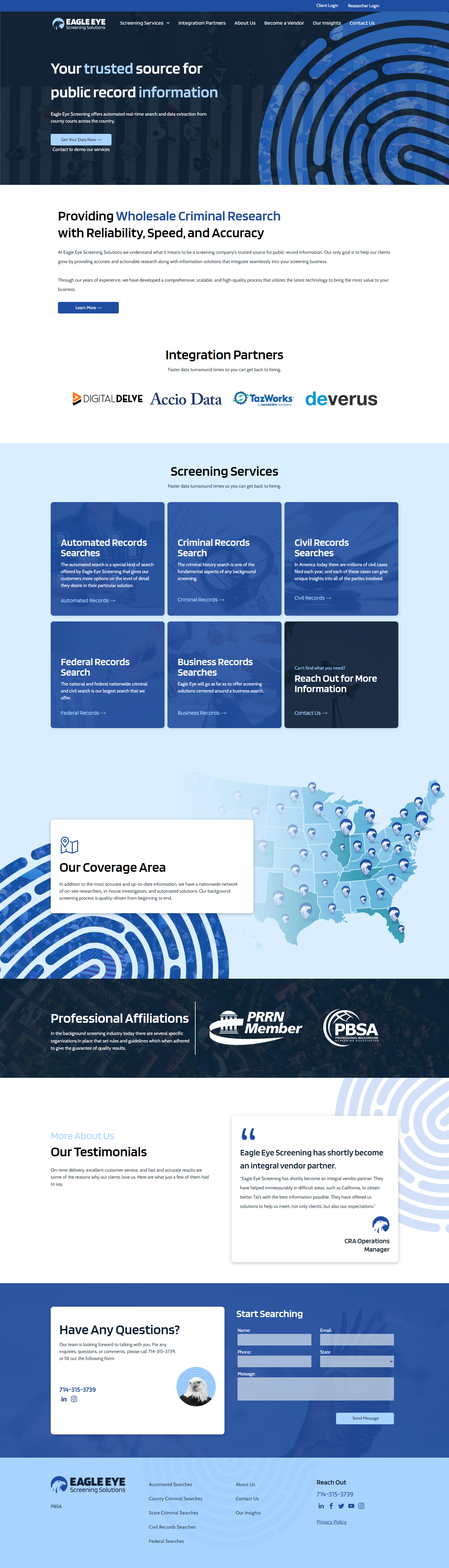 Tall blue-and-white infographic webpage with charts, text blocks, and dark blue panels about data or analytics