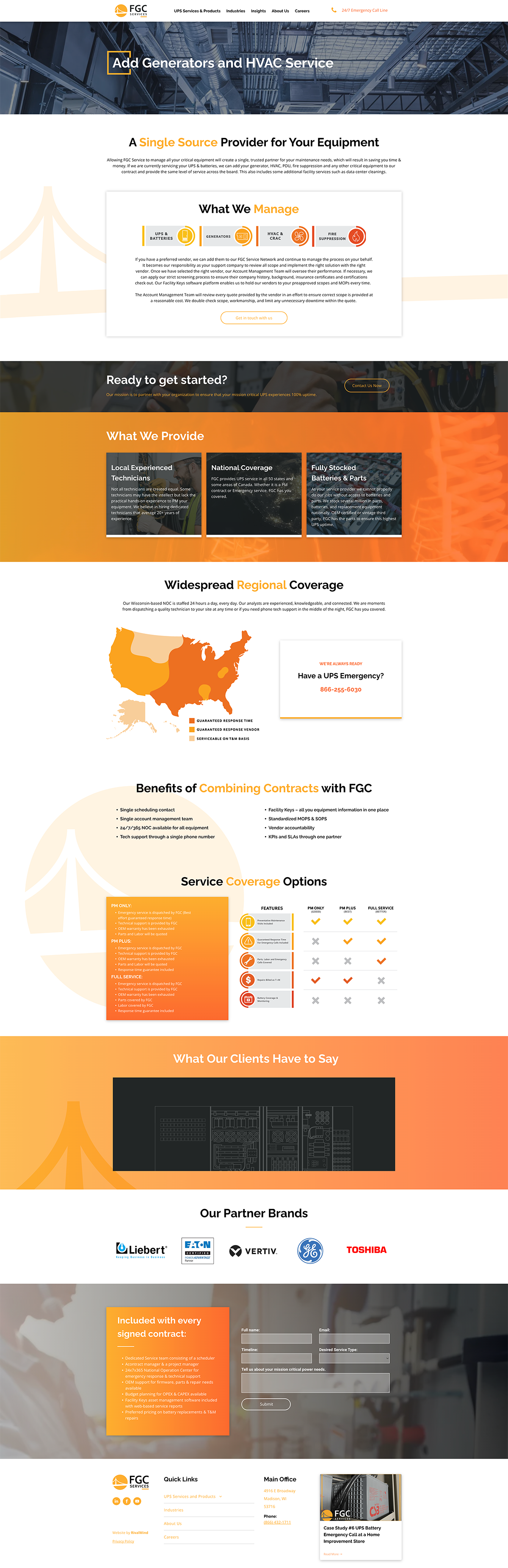 Tall webpage mockup with orange-and-gray sections, maps, charts, and a white navigation header