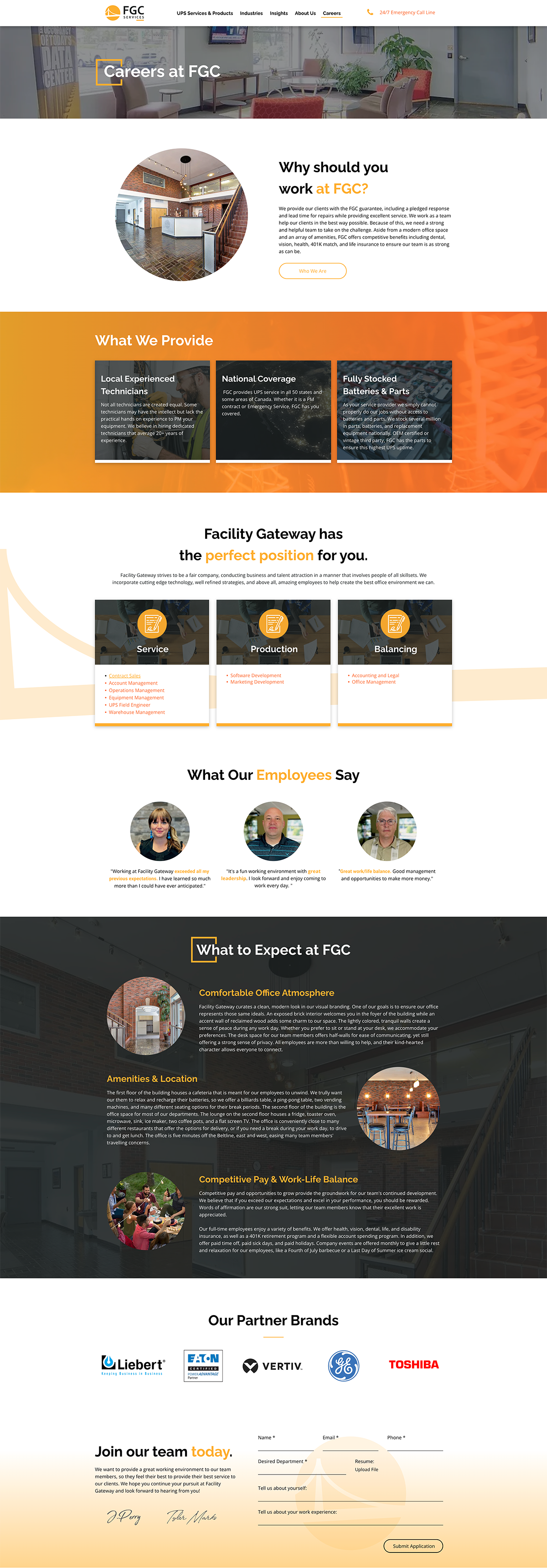 Tall website screenshot with orange and dark sections, profile icons, stats, and feature cards