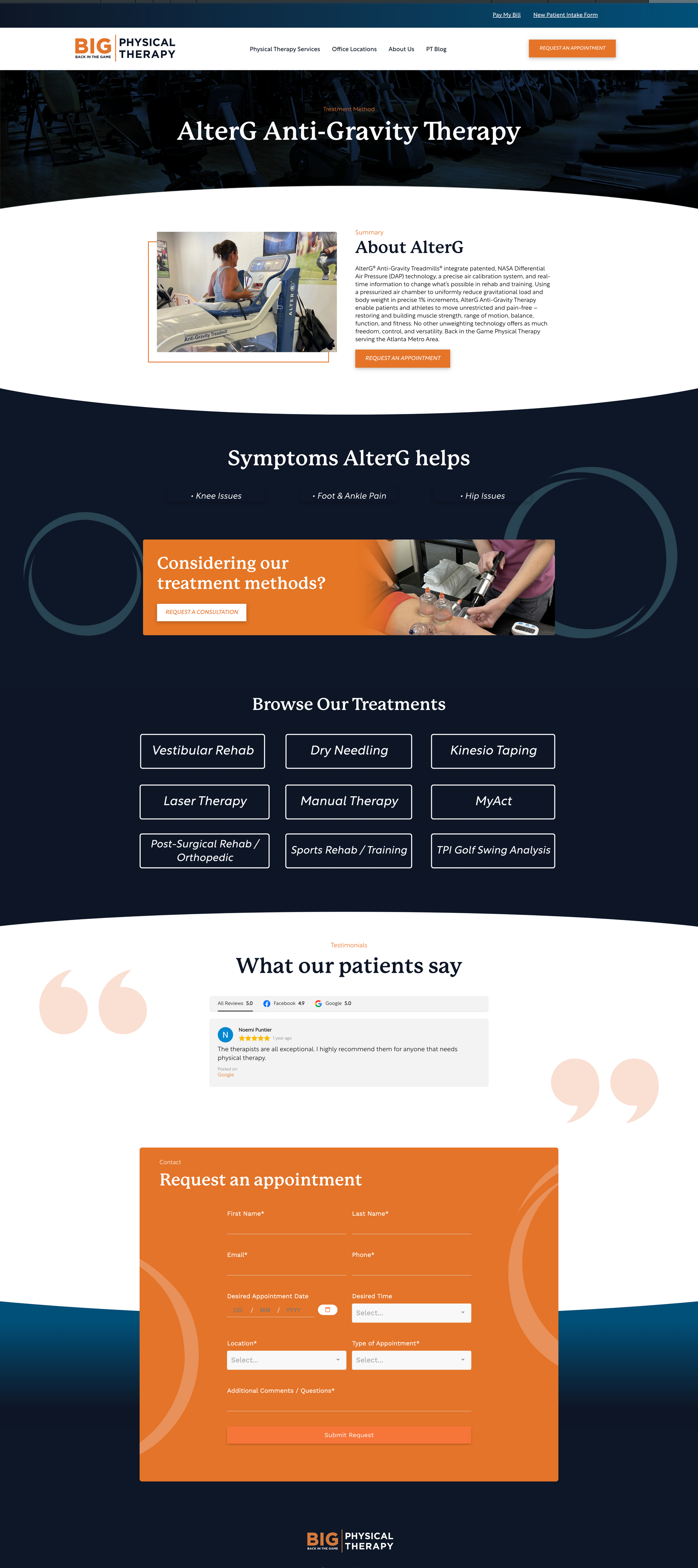 Dark navy and orange website homepage with hero banner, cards, icons, and a prominent call-to-action button.