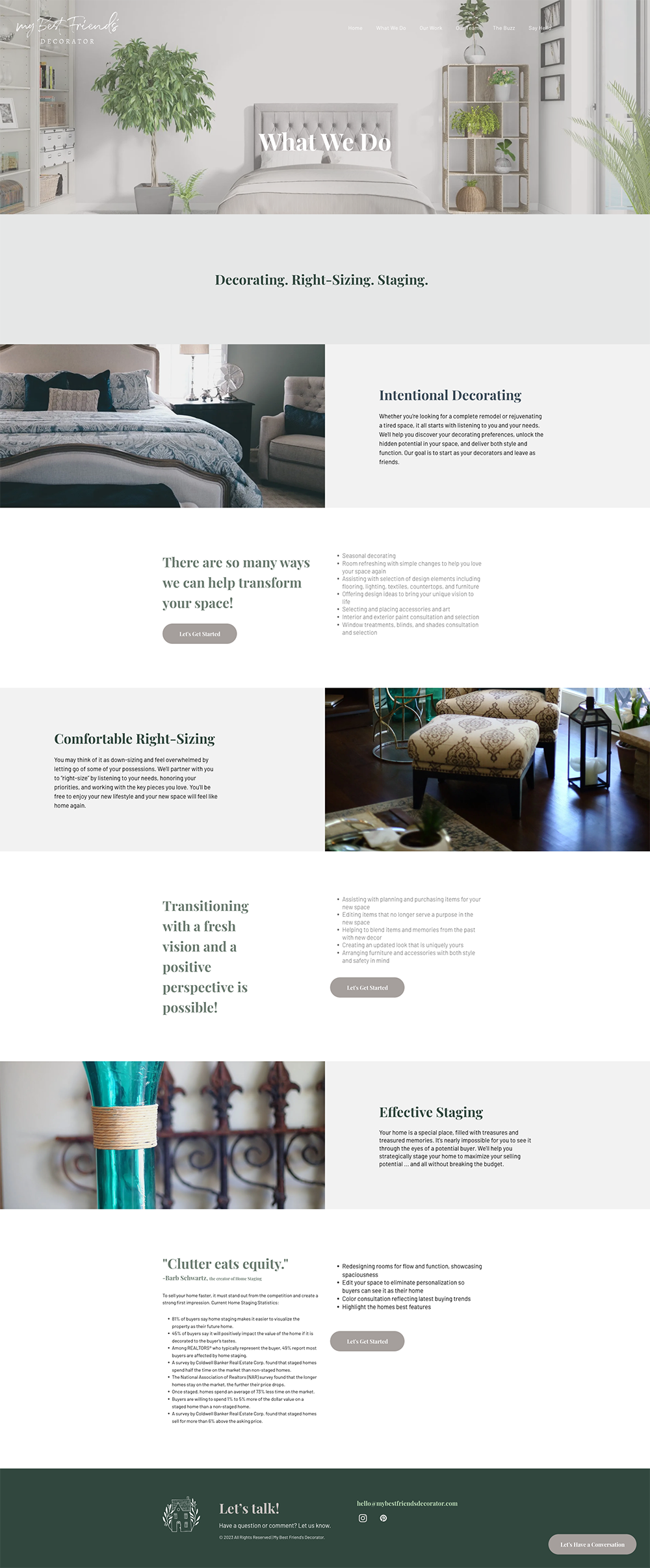 Modern interior design collage with minimalist rooms, decor accents, and text sections on a white website layout