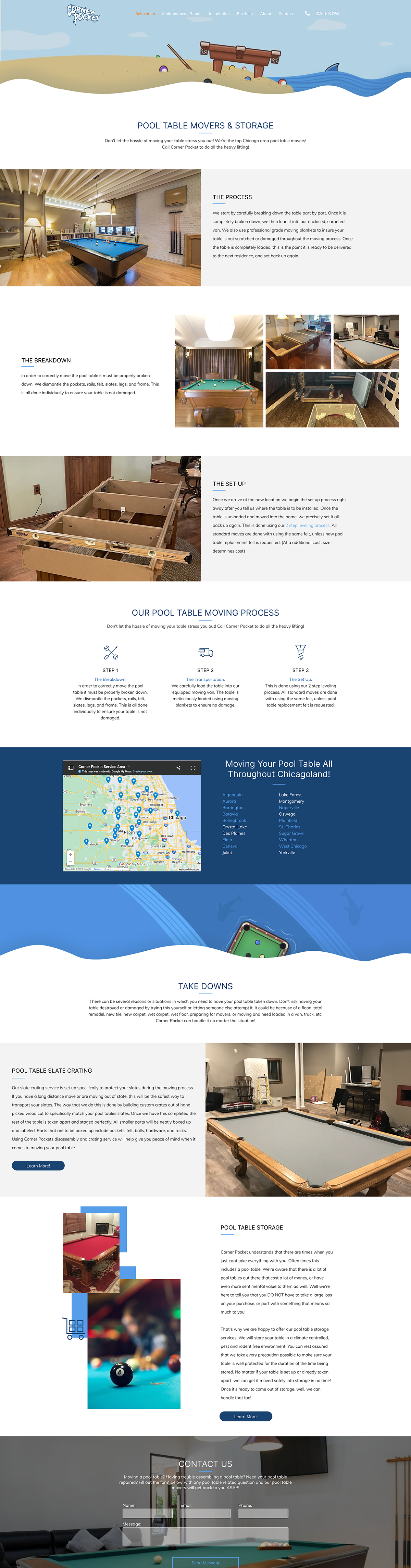 A collage of website screenshots showing maps, travel pages, and a beach scene with text blocks.