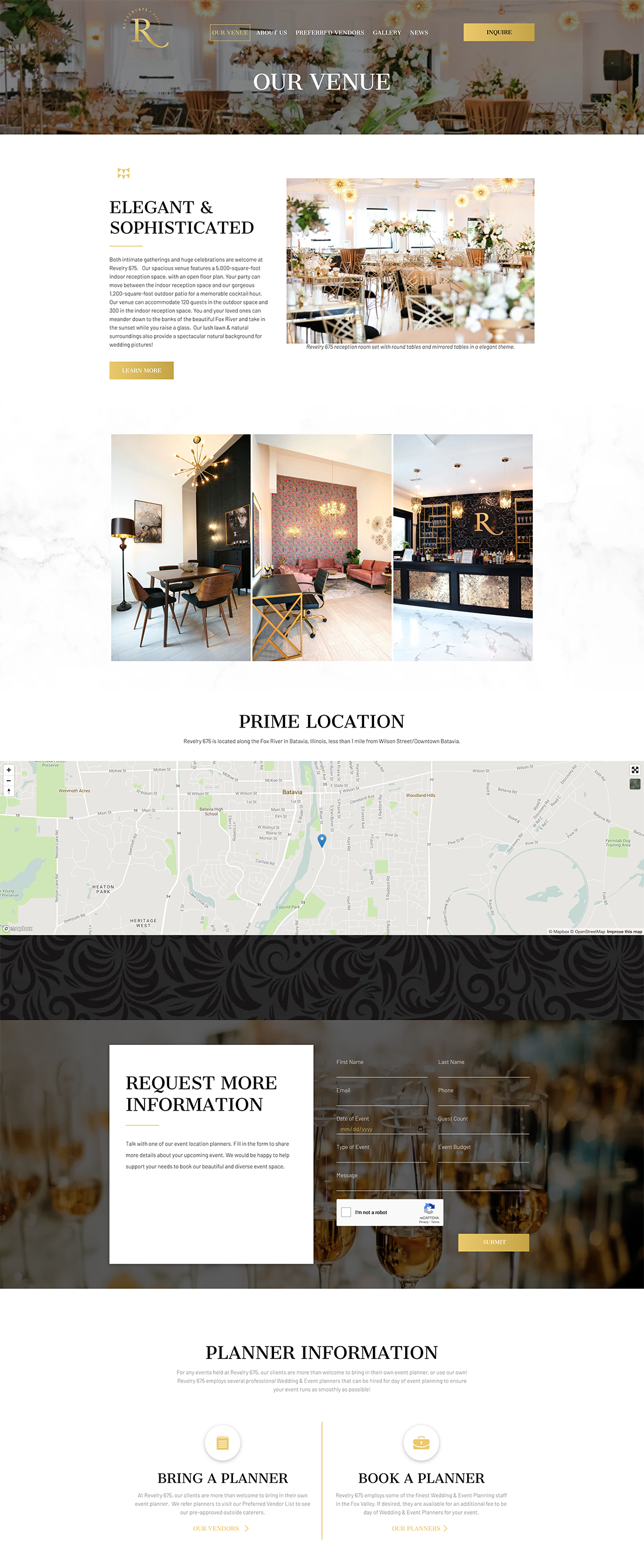Collage of a modern restaurant interior, menu text, and a map/contact section on a website page