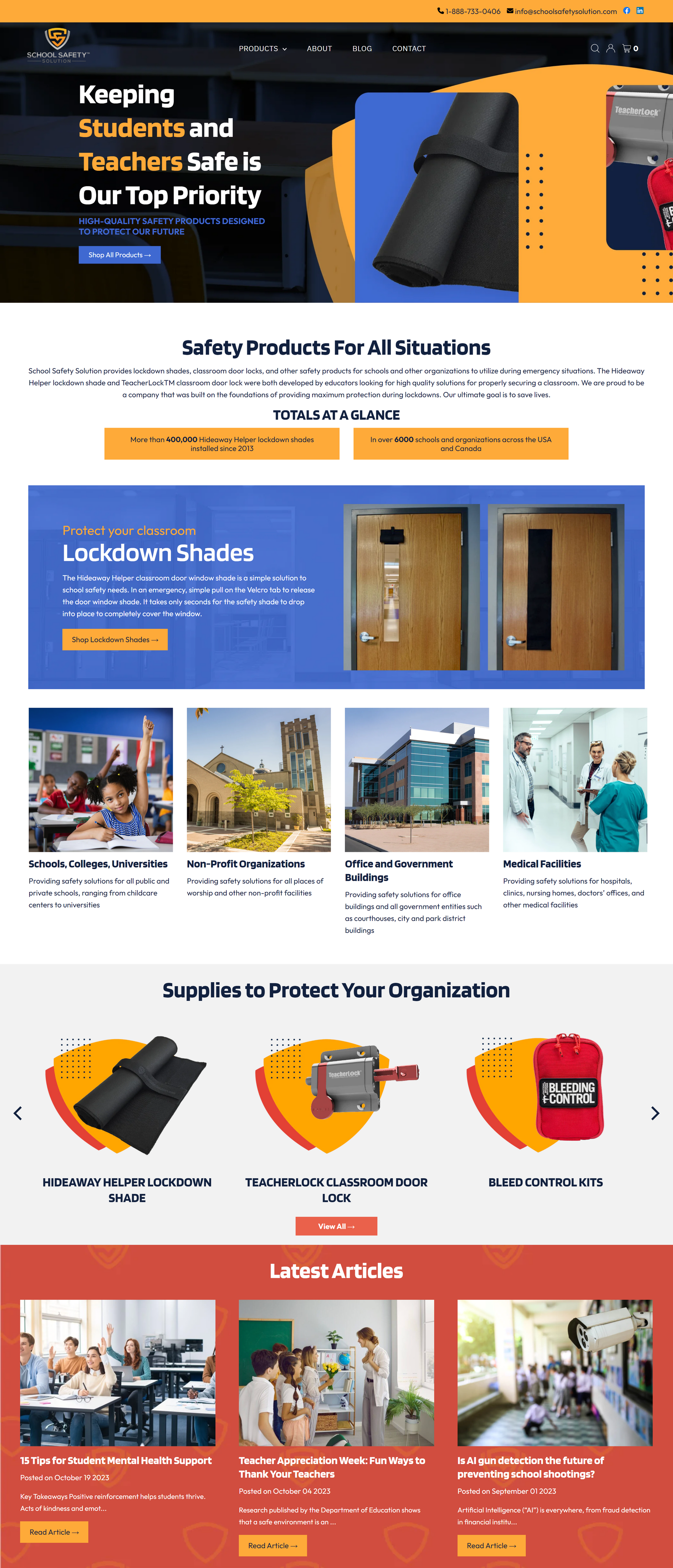 E-commerce homepage with orange-and-blue outdoor gear, promo banner, and product tiles for bags and travel items