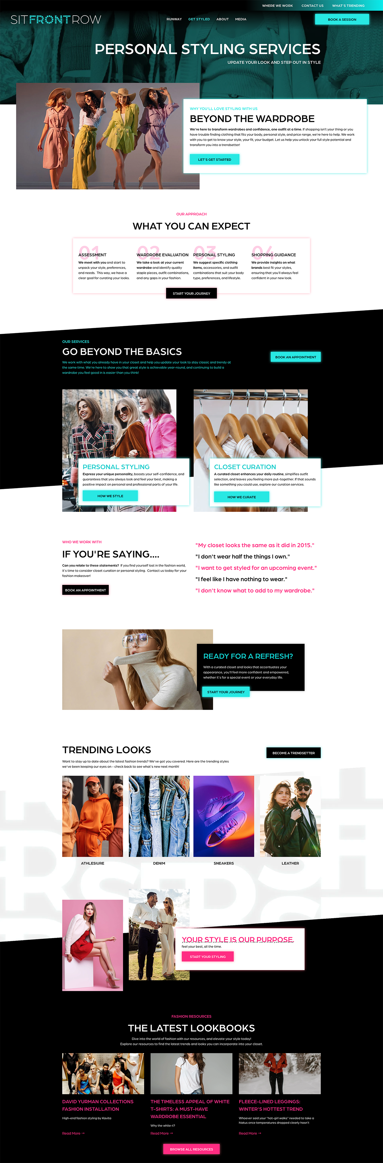 Fashion website homepage with a teal header, large banner model, and colorful clothing product sections below