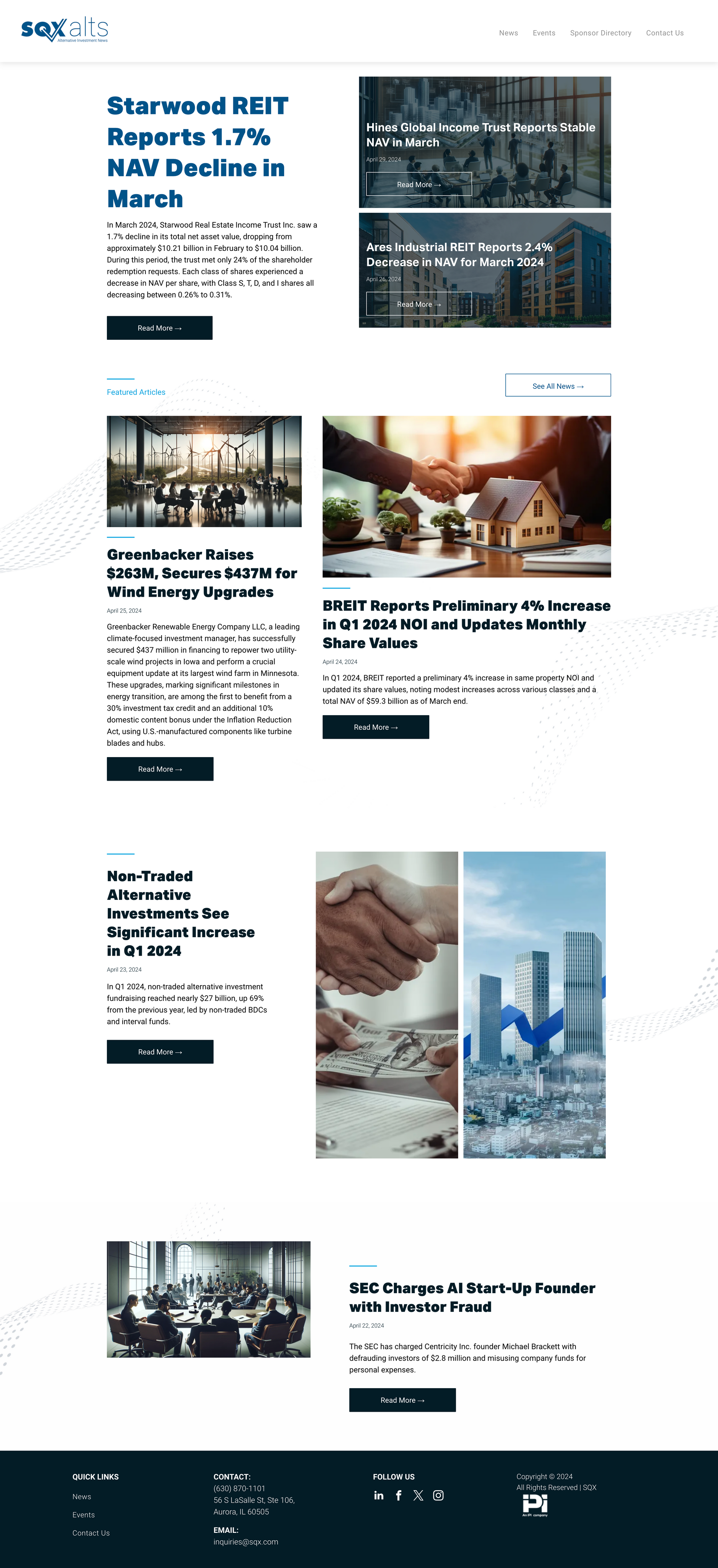 Corporate website homepage with a grid of office, city, and meeting photos and text sections