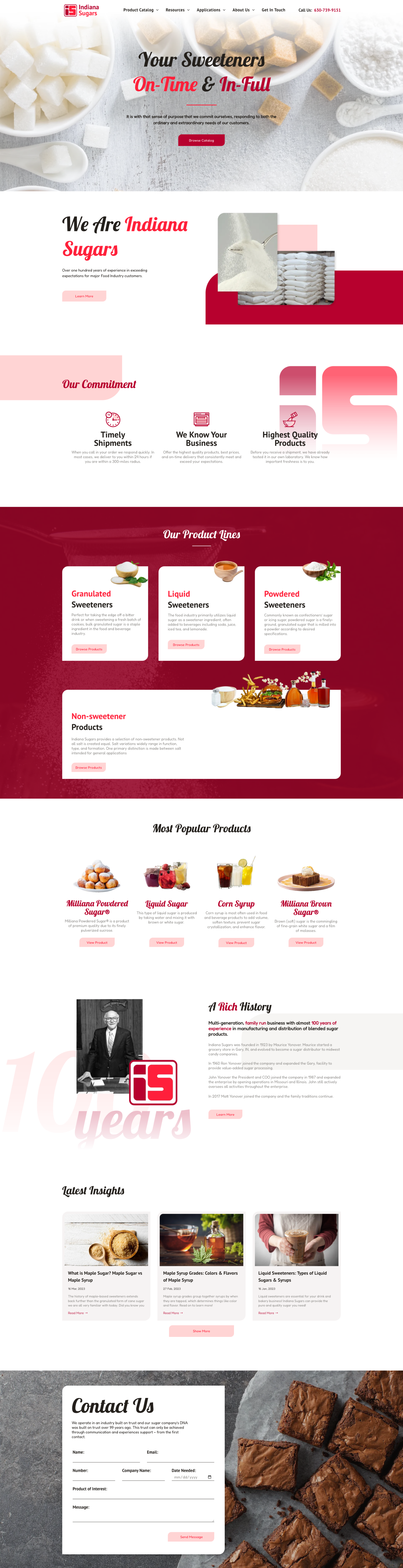 Red and white dessert promo page with cake photos, product cards, and order details on a mobile screen