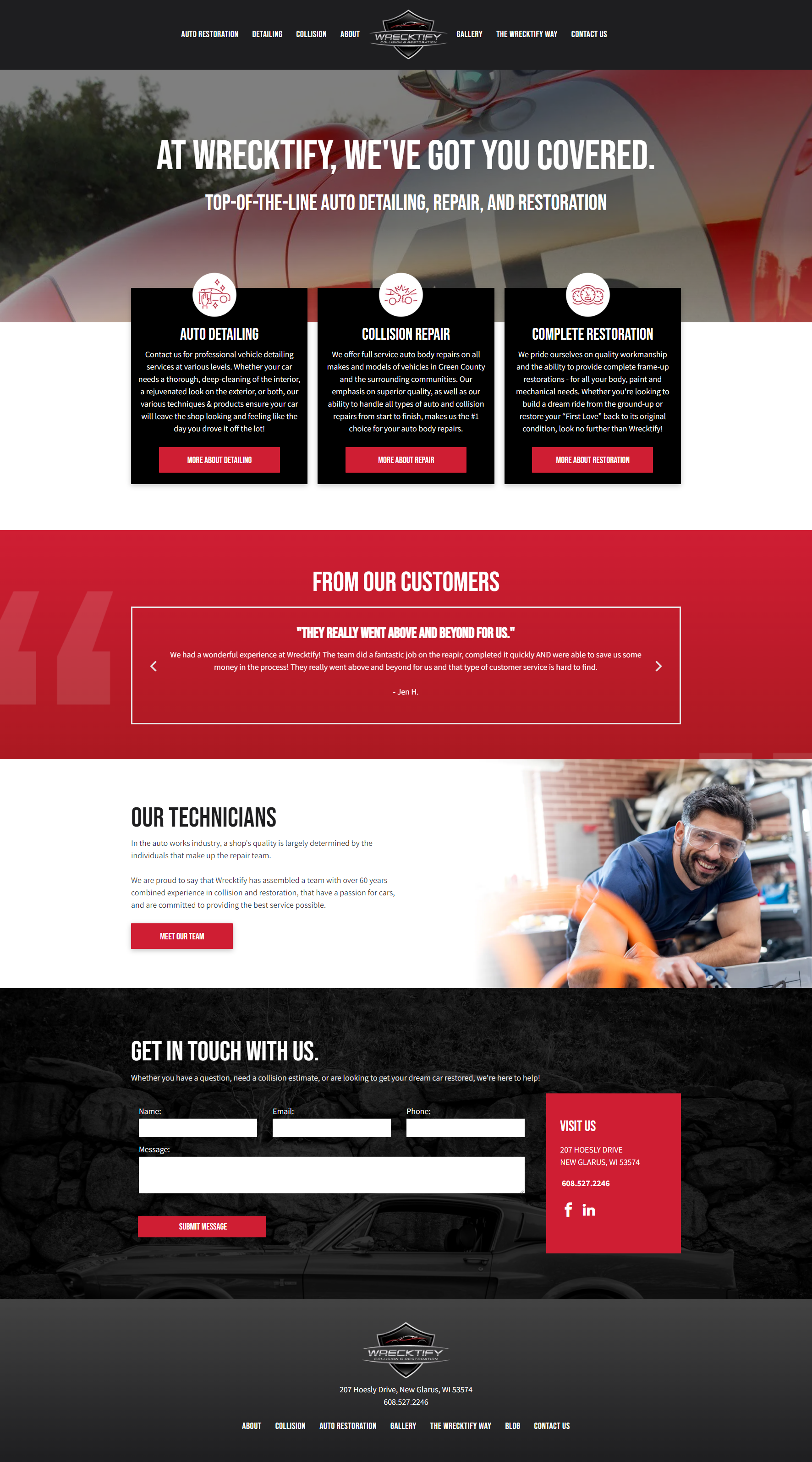 Fitness club webpage with red and black sections, workout class cards, membership info, and a contact form with a trainer photo