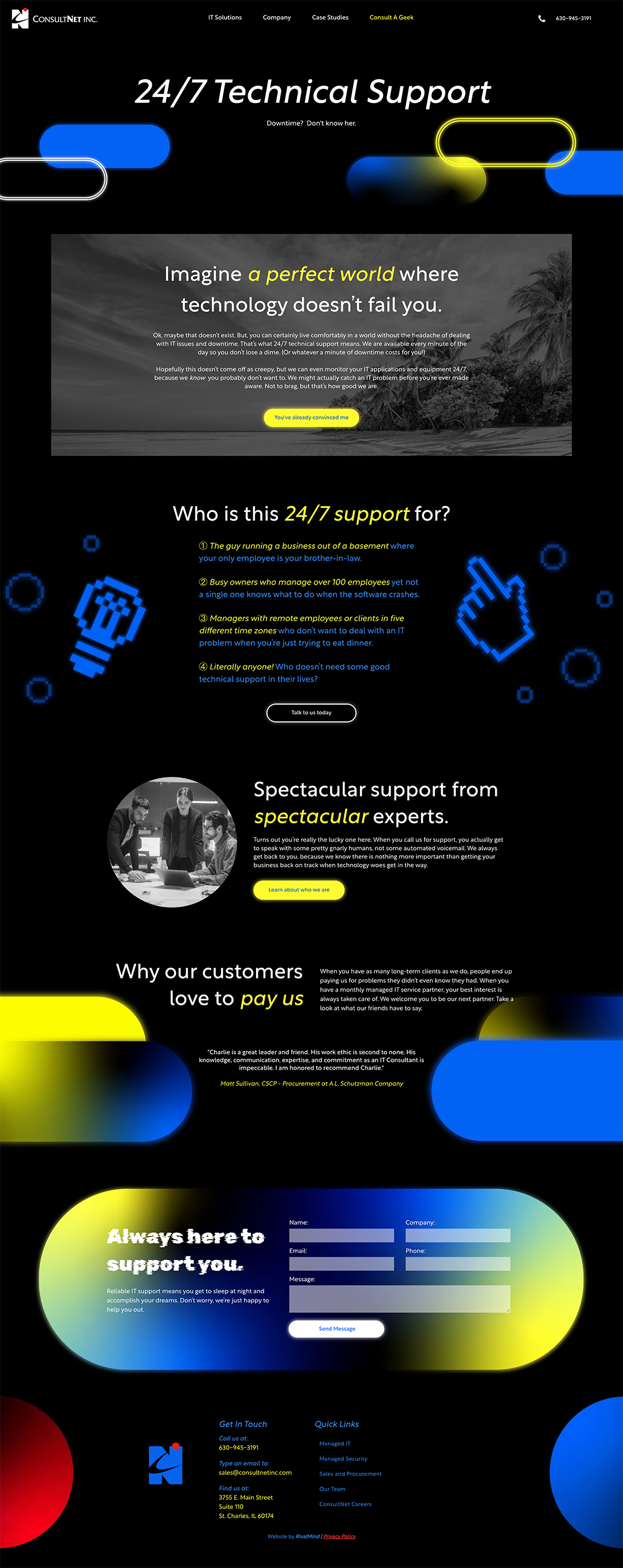 Dark social media marketing landing page with blue and yellow accents, icons, and signup sections