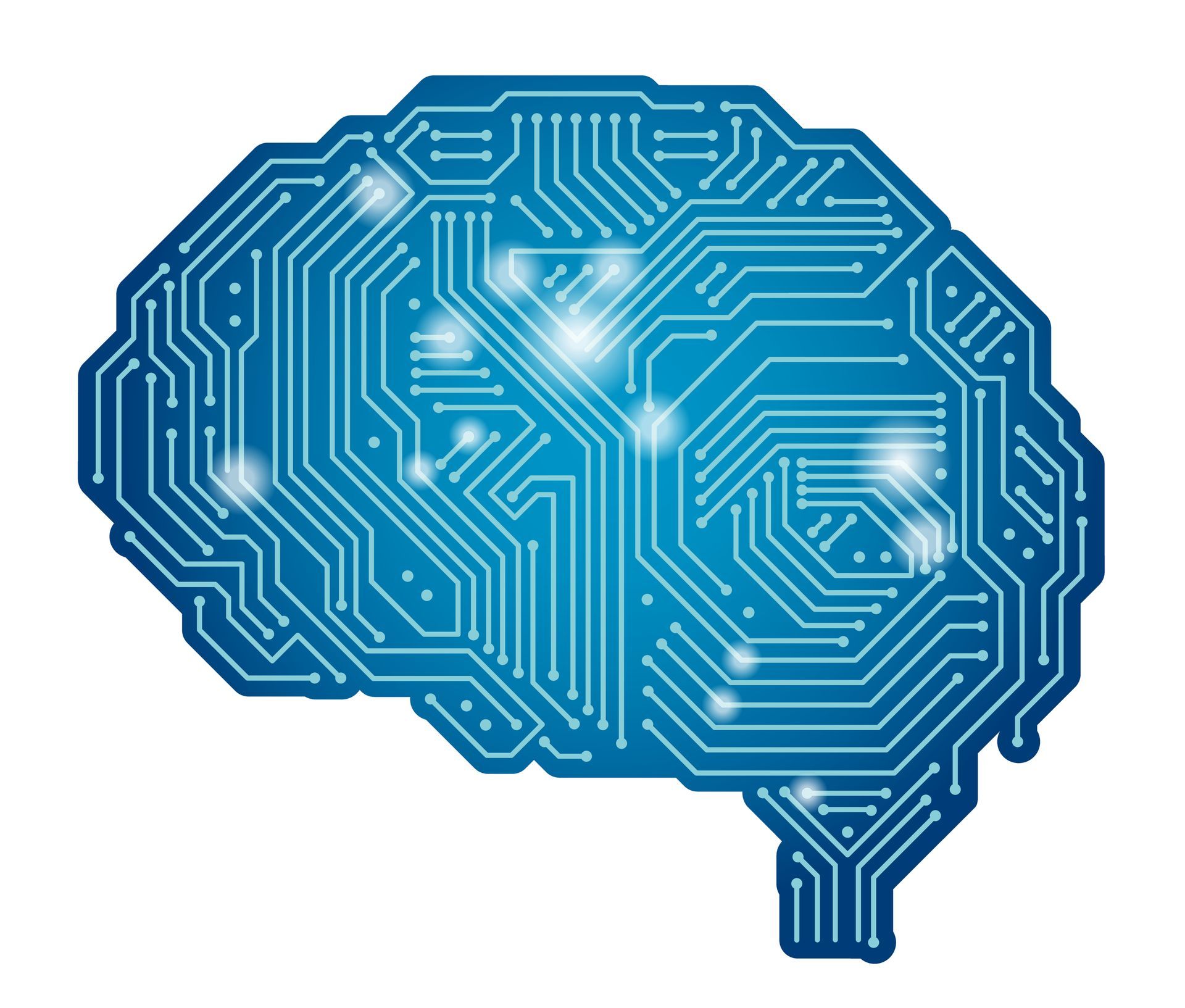 Blue circuit-board brain icon with glowing nodes on a white background