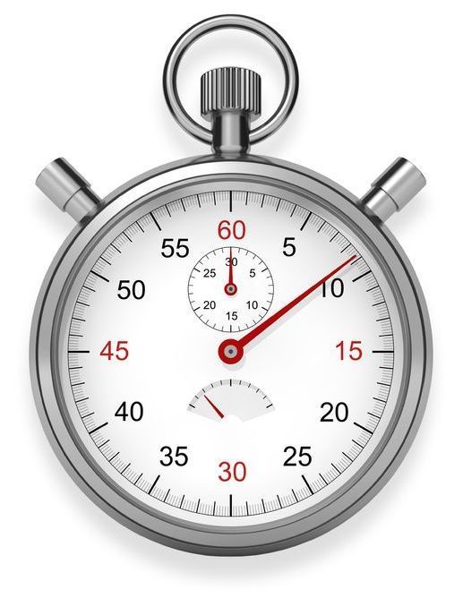 Silver stopwatch with a white face showing red and black numbers, time near 9 seconds.