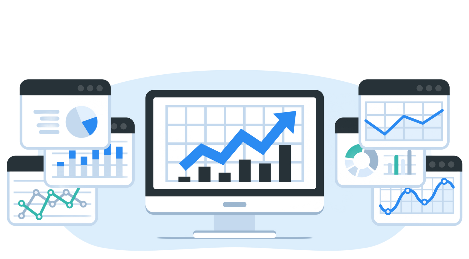 Analytics dashboard with rising blue line charts on multiple screens around a central monitor