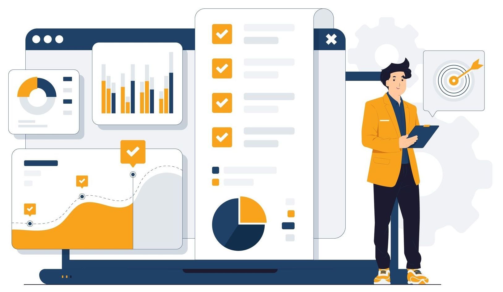 Analytics dashboard with charts, checklists, and a person holding a tablet beside a large screen