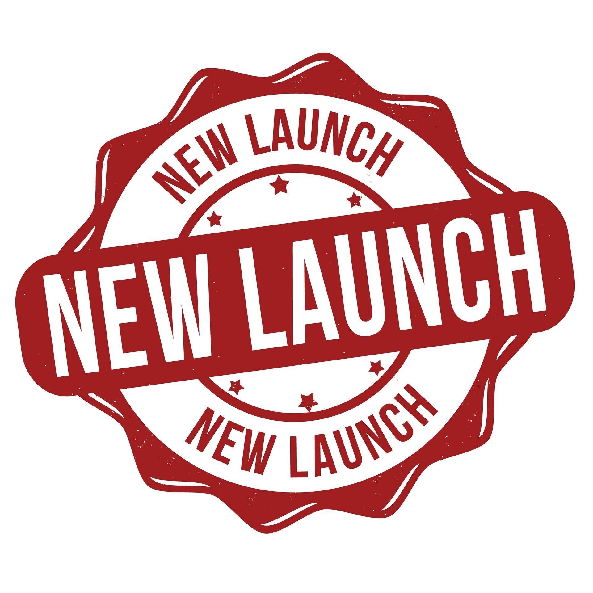 Red circular stamp logo with white text reading “NEW LAUNCH” on a red-and-white background