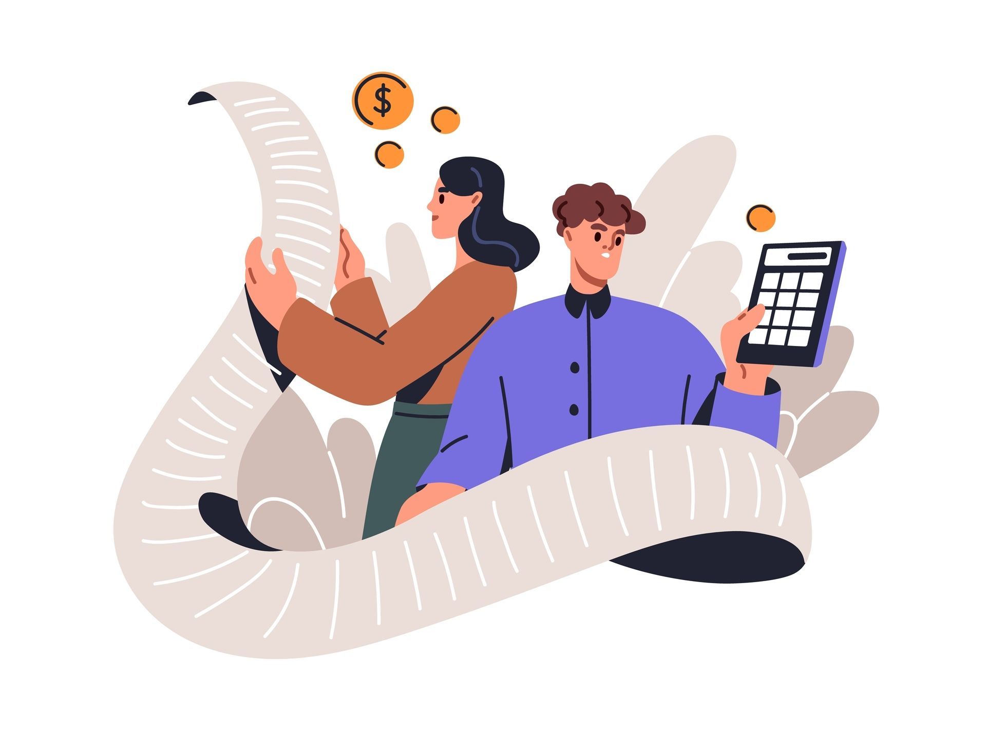 Two people with a calculator and coins, surrounded by flowing paper receipts, illustrating budgeting or accounting
