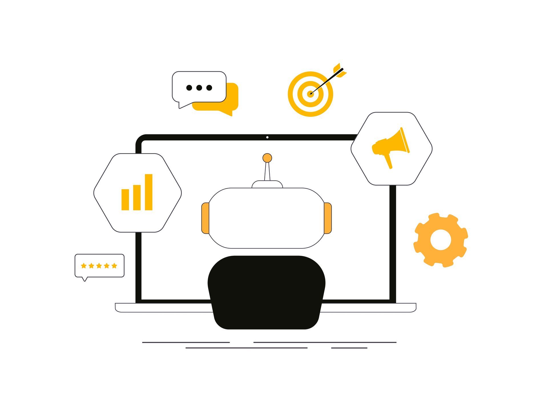Person at computer with chat, analytics, target, megaphone, and gear icons in a yellow-black tech illustration