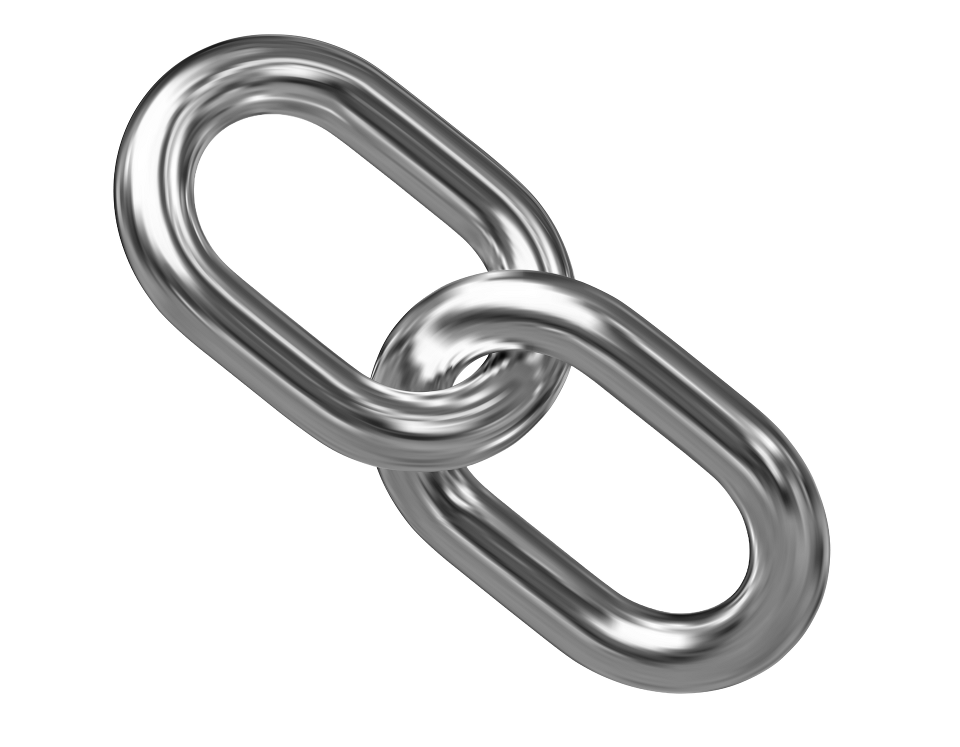 Two interlinked silver metal chain links on a white background