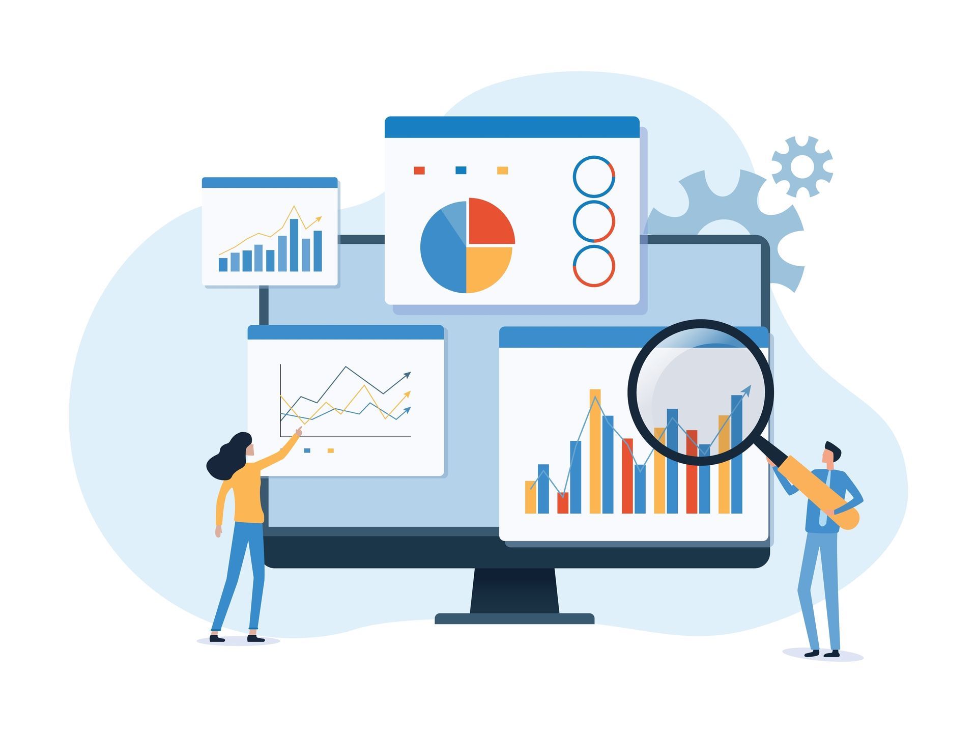 Analytics dashboard with charts and graphs on a monitor, with two people examining data using a magnifying glass.