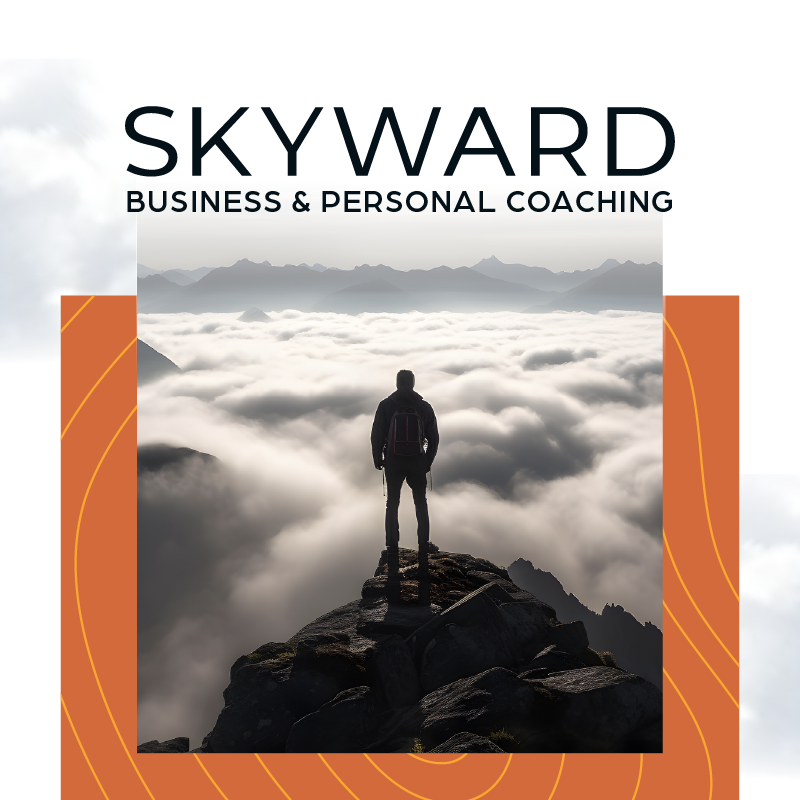 Skyward business and personal coaching logo with a hiker standing on a mountain above clouds