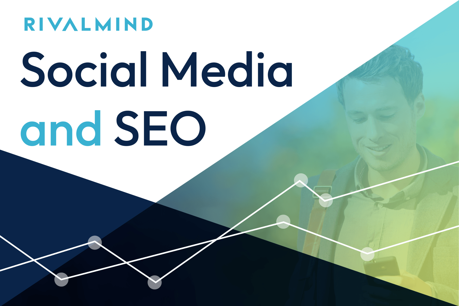Social Media and SEO banner with graph lines on a blue-green geometric background