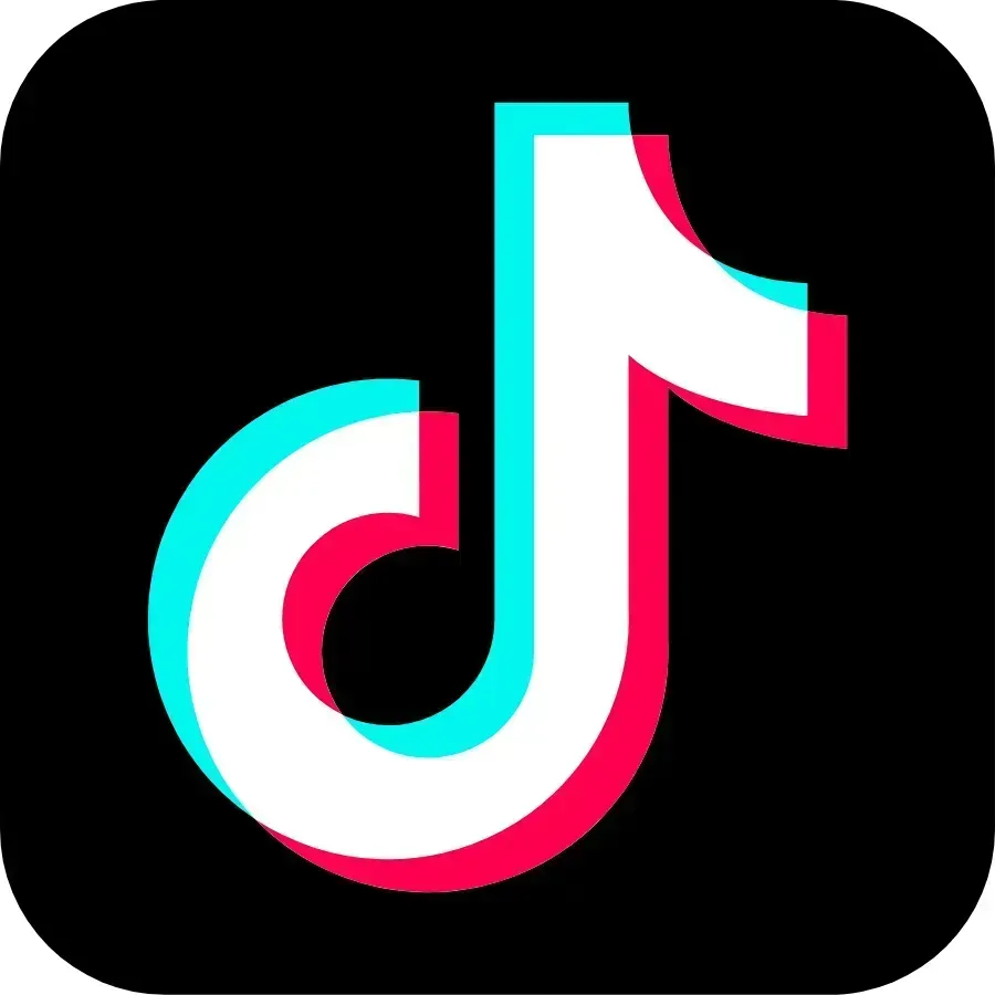 TikTok logo in black square with cyan and pink accents